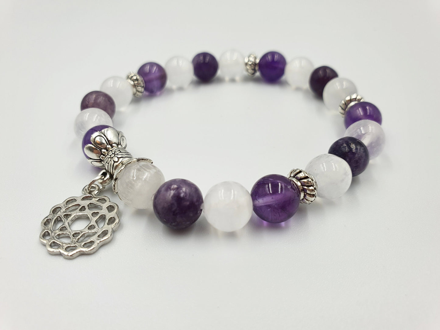 Loss and Grief Support Crystal Healing Bracelet with Chakra Charm (Amethyst, Lepidolite and Selenite)