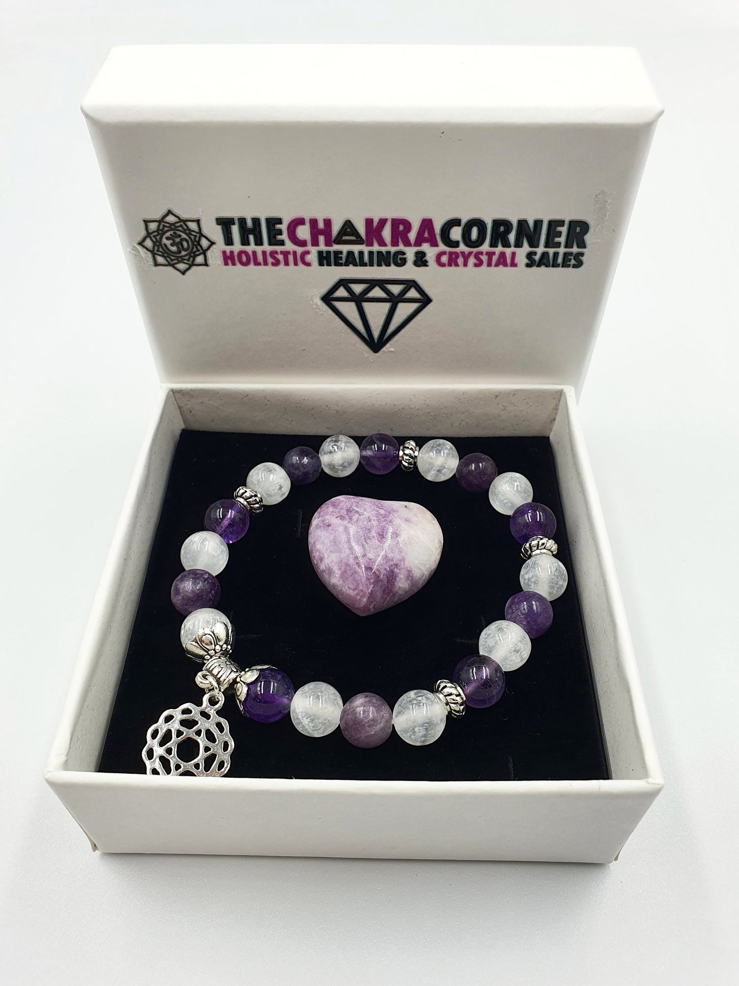 Loss and Grief Support Crystal Healing Bracelet with Chakra Charm (Amethyst, Lepidolite and Selenite)
