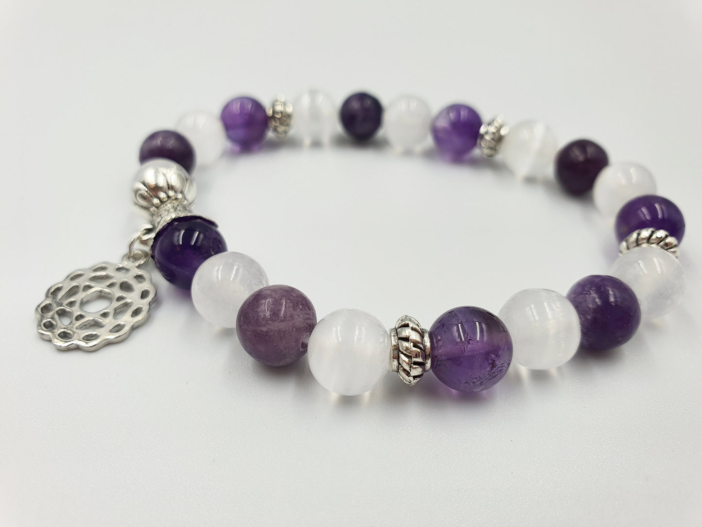 Loss and Grief Support Crystal Healing Bracelet with Chakra Charm (Amethyst, Lepidolite and Selenite)