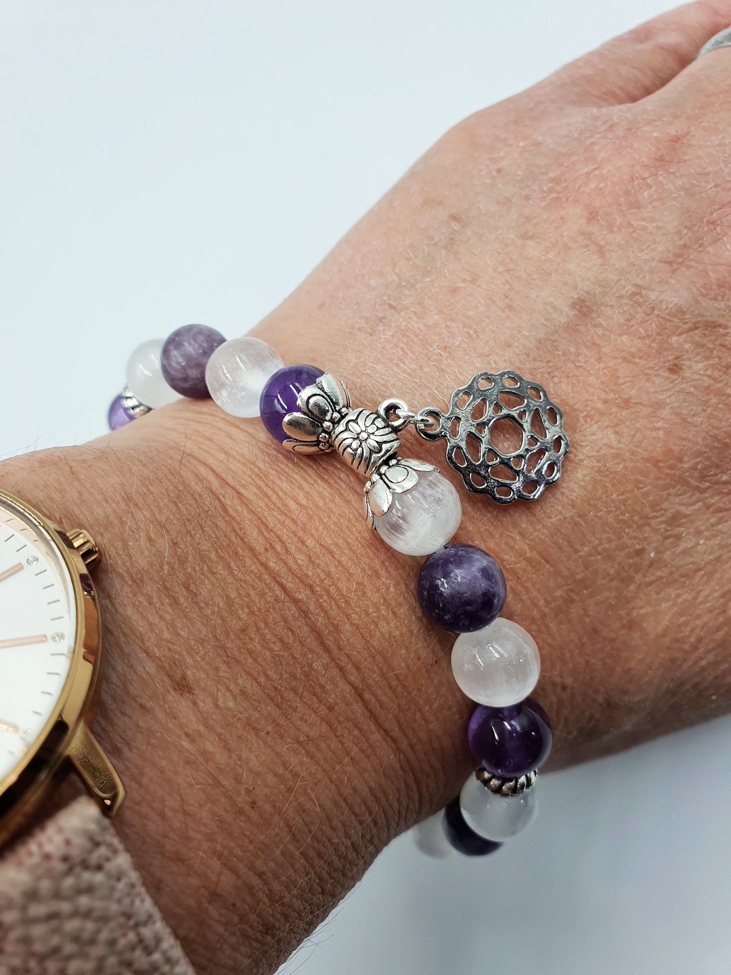 Loss and Grief Support Crystal Healing Bracelet with Chakra Charm (Amethyst, Lepidolite and Selenite)