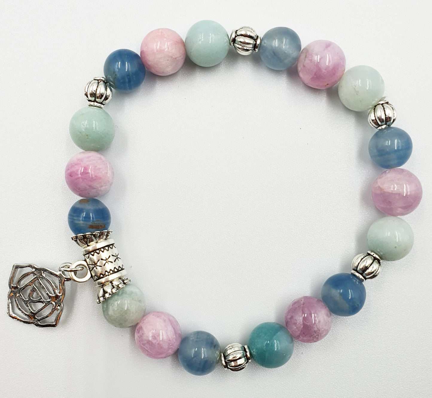 Anxiety Support Crystal Healing Bracelet with Chakra Charm (Calcite, Kunzite and Blue Onyx)