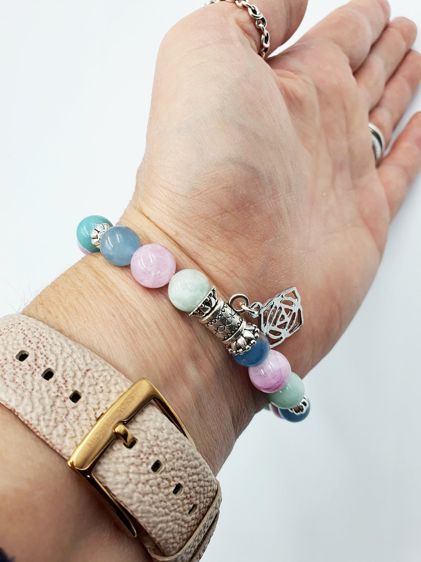 Anxiety Support Crystal Healing Bracelet with Chakra Charm (Calcite, Kunzite and Blue Onyx)