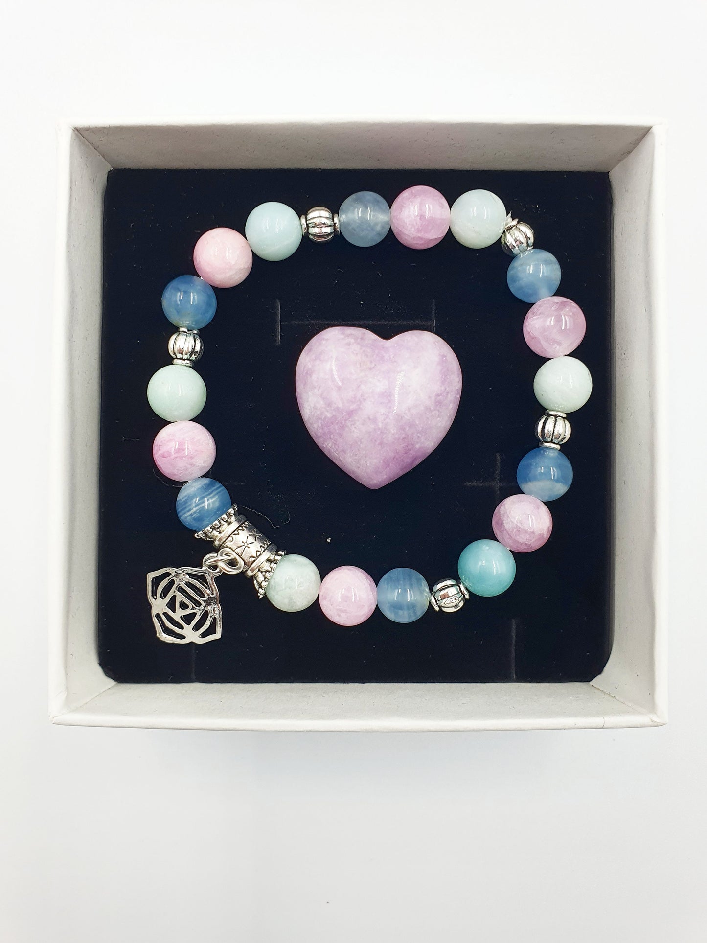 Anxiety Support Crystal Healing Bracelet with Chakra Charm (Calcite, Kunzite and Blue Onyx)