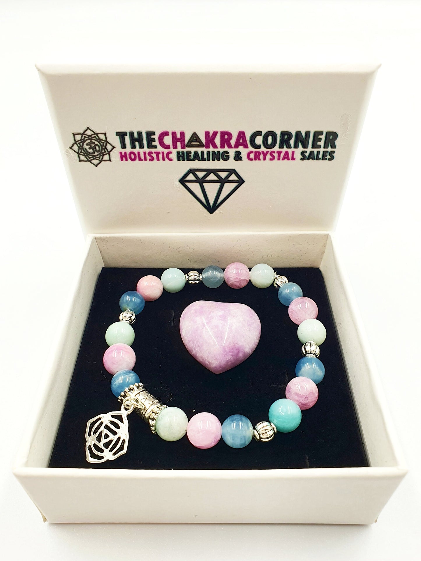 Anxiety Support Crystal Healing Bracelet with Chakra Charm (Calcite, Kunzite and Blue Onyx)