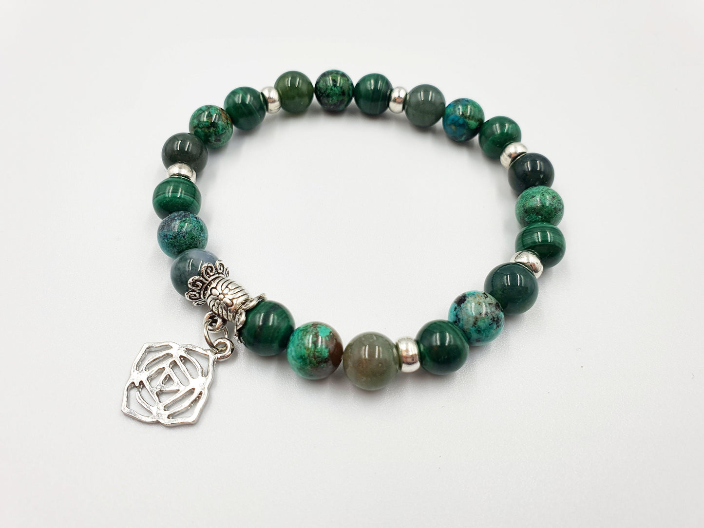 Immune Support Crystal Healing Bracelet with Chakra Charm (Malachite, Moss Agate and Phoenix Turquoise)