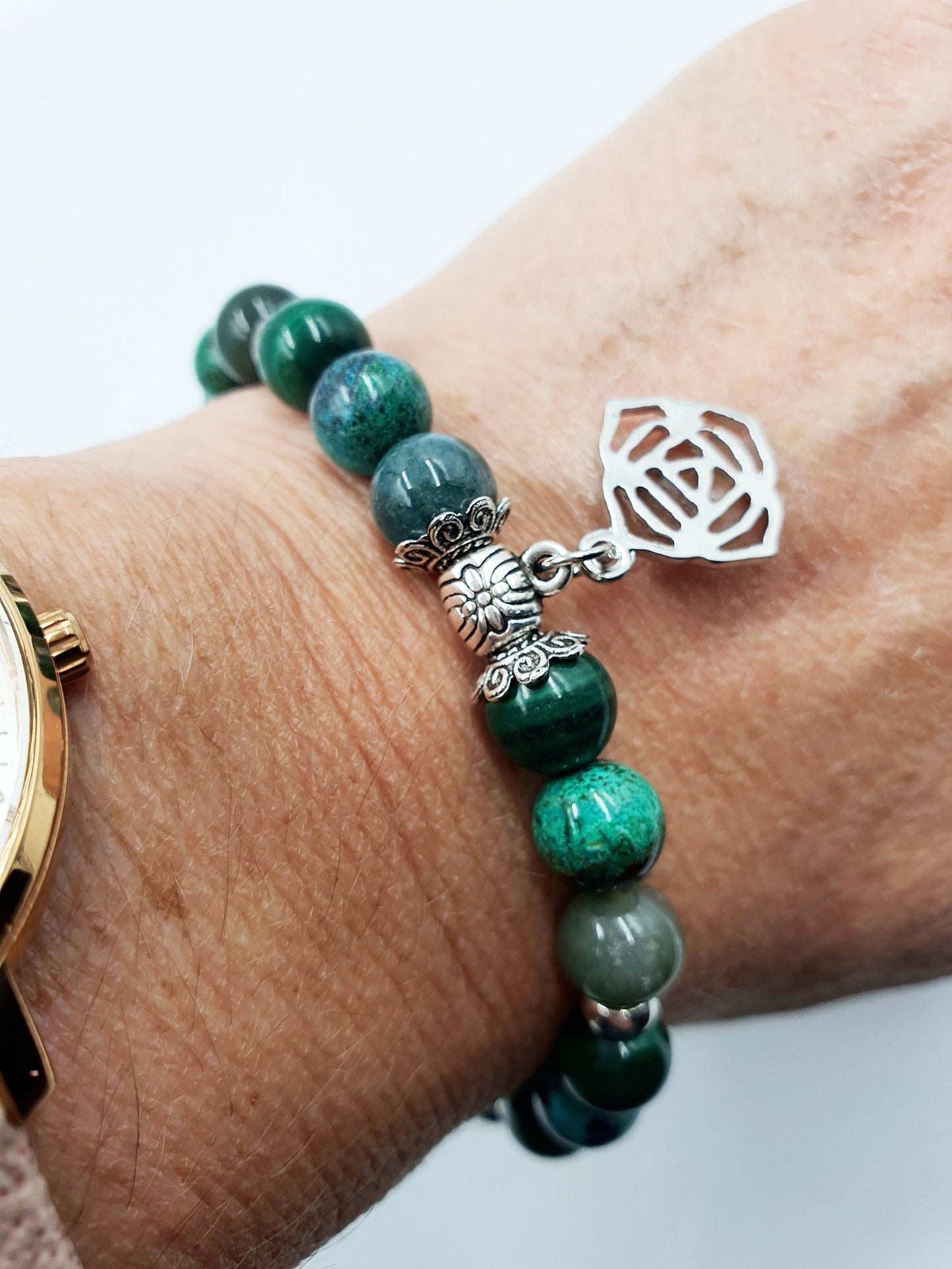 Immune Support Crystal Healing Bracelet with Chakra Charm (Malachite, Moss Agate and Phoenix Turquoise)