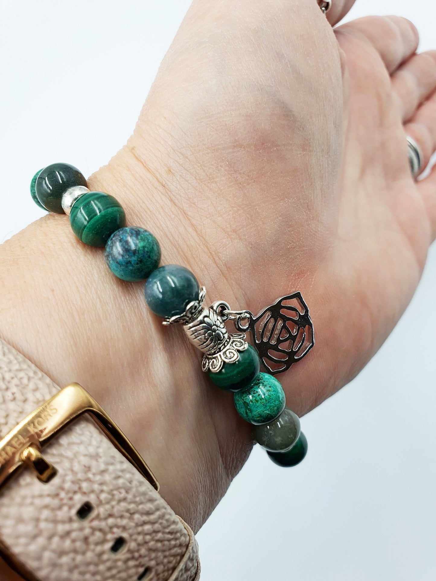 Immune Support Crystal Healing Bracelet with Chakra Charm (Malachite, Moss Agate and Phoenix Turquoise)