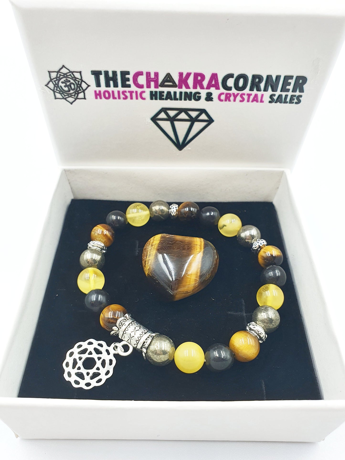 Asthma Crystal Healing Bracelet with Chakra Charm (Amber, pyrite, Tiger's Eye and Shungite)