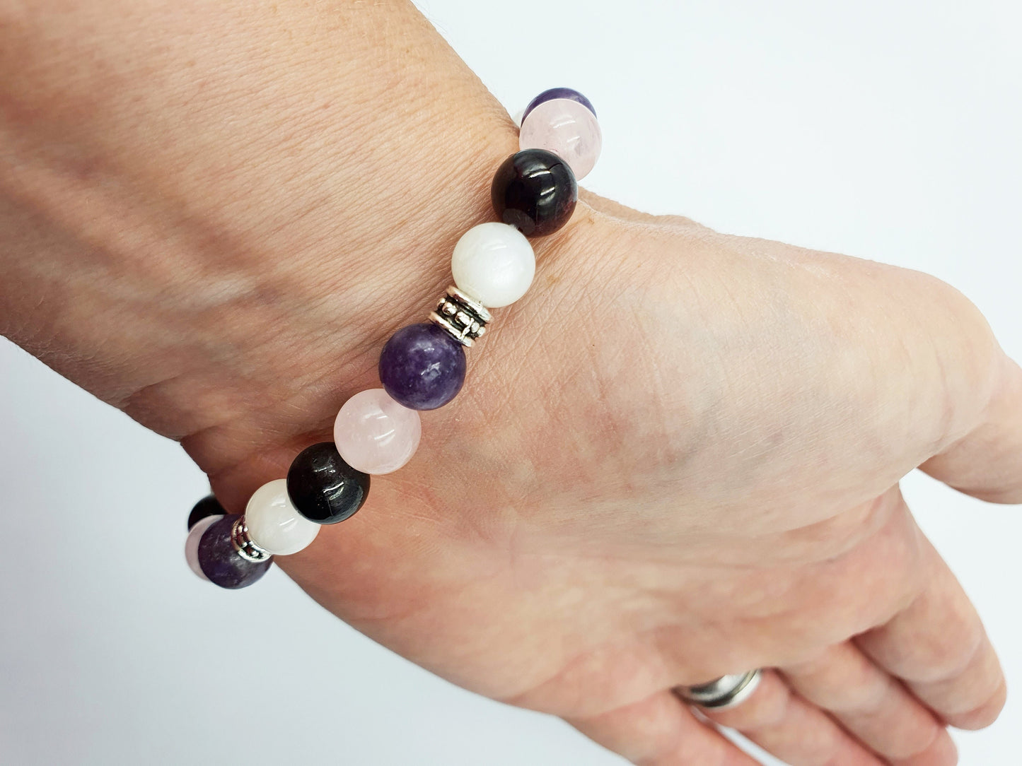 Menopause Support Crystal Healing Bracelet with Chakra Charm (Garnet, Lepidolite, White Moonstone and Rose Quartz)