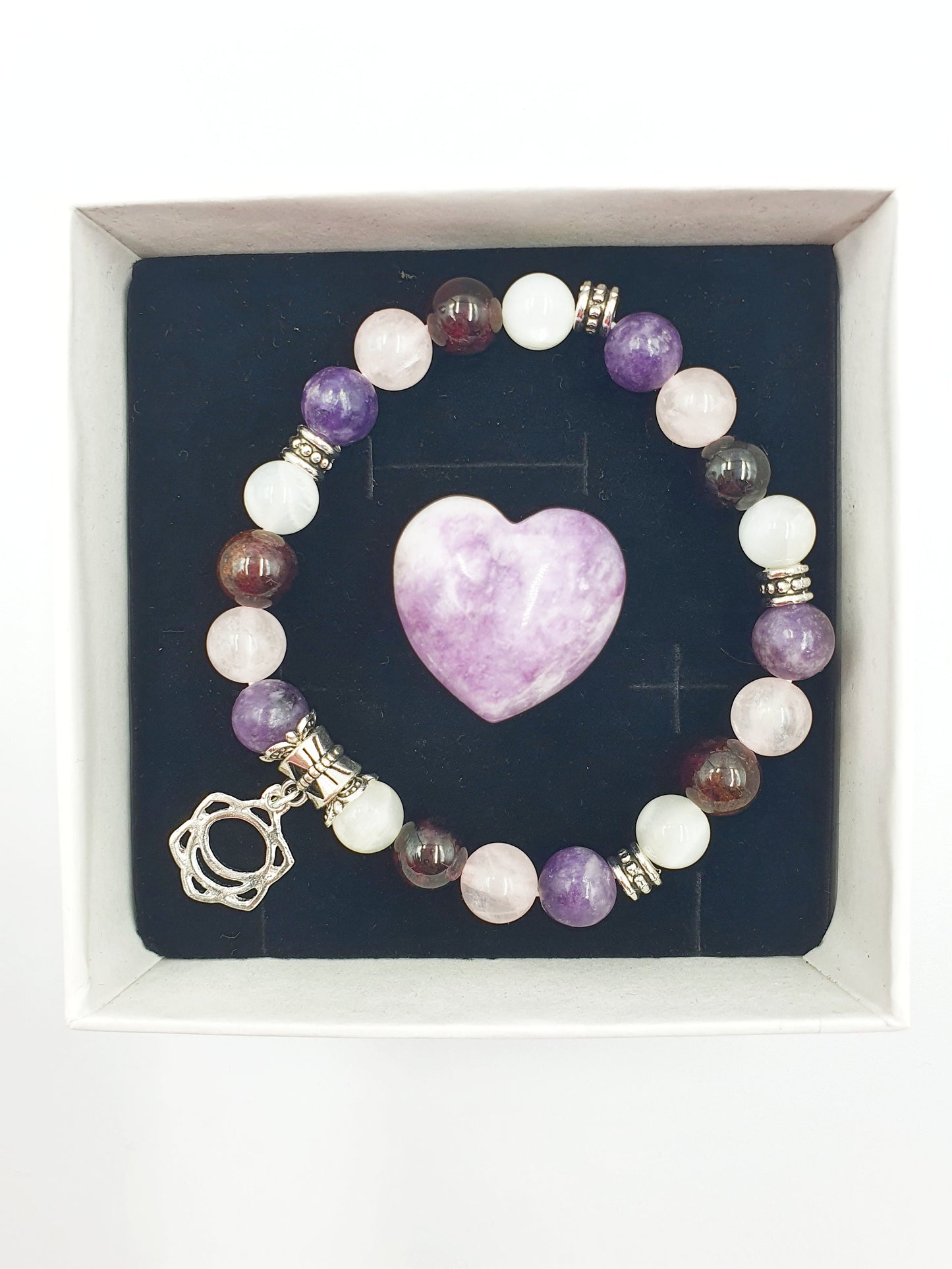 Menopause Support Crystal Healing Bracelet with Chakra Charm (Garnet, Lepidolite, White Moonstone and Rose Quartz)