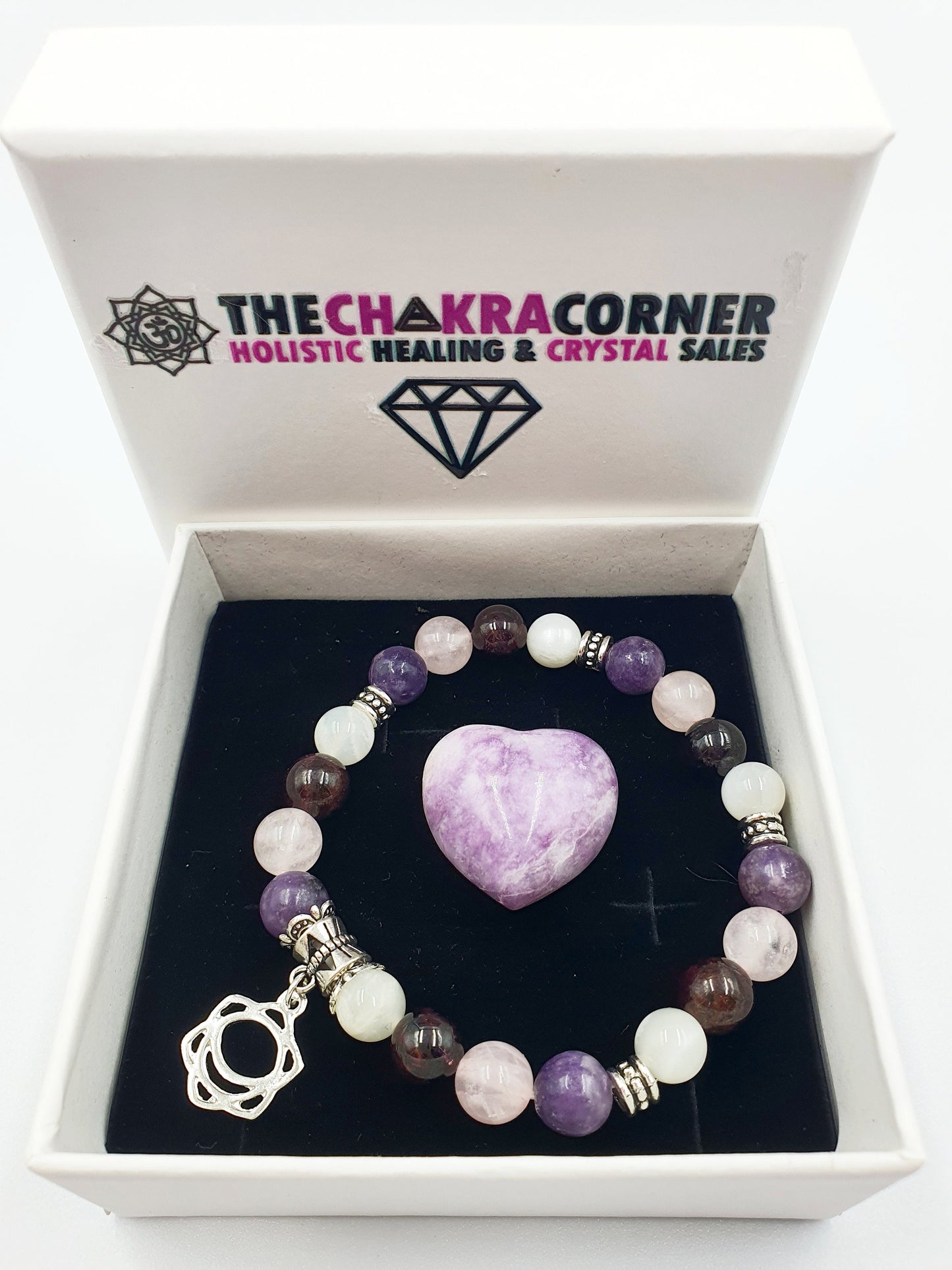 Menopause Support Crystal Healing Bracelet with Chakra Charm (Garnet, Lepidolite, White Moonstone and Rose Quartz)
