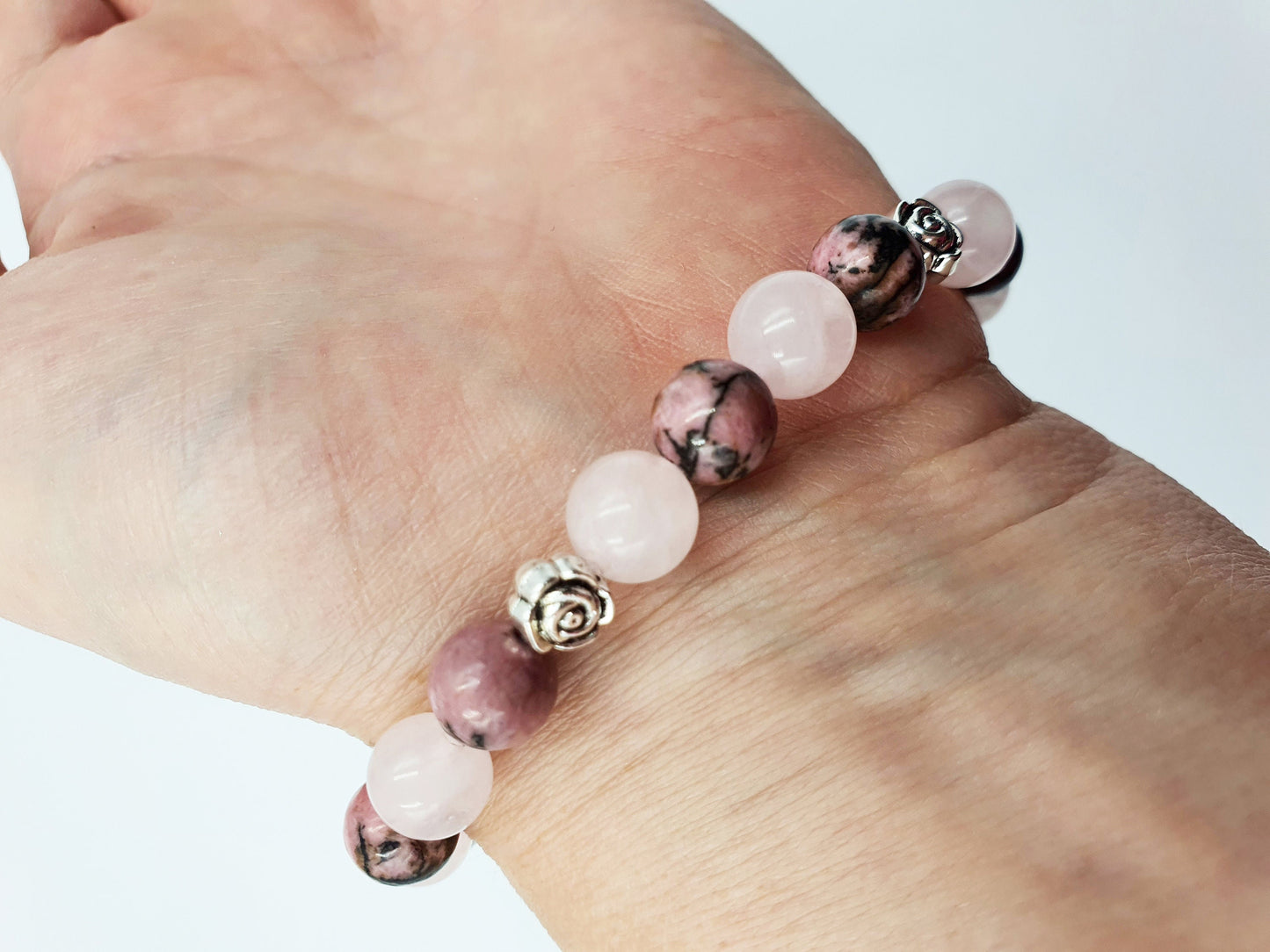 Confidence Support Crystal Healing Bracelet with Chakra Charm (Rhodonite and Rose Quartz)