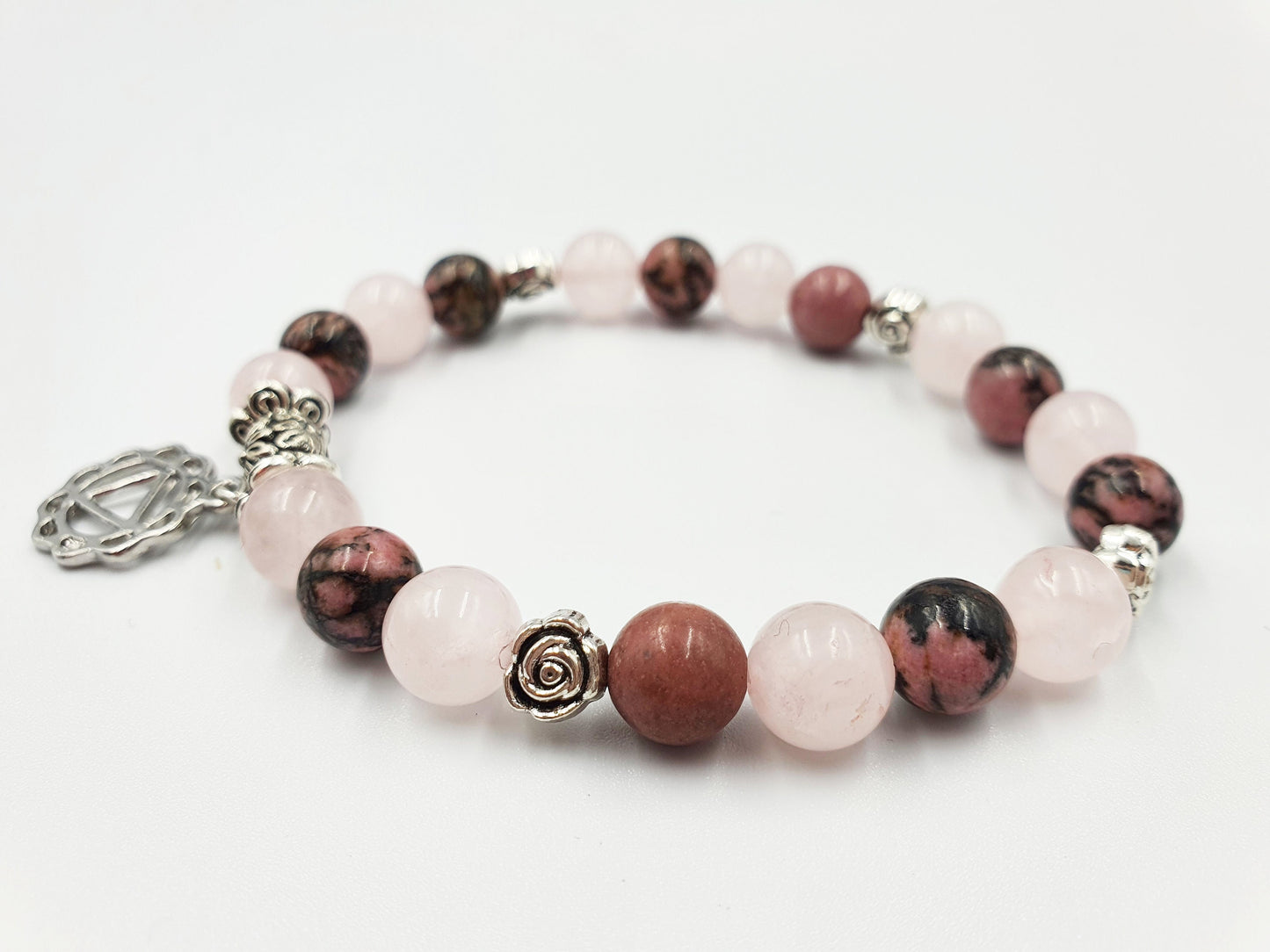 Confidence Support Crystal Healing Bracelet with Chakra Charm (Rhodonite and Rose Quartz)