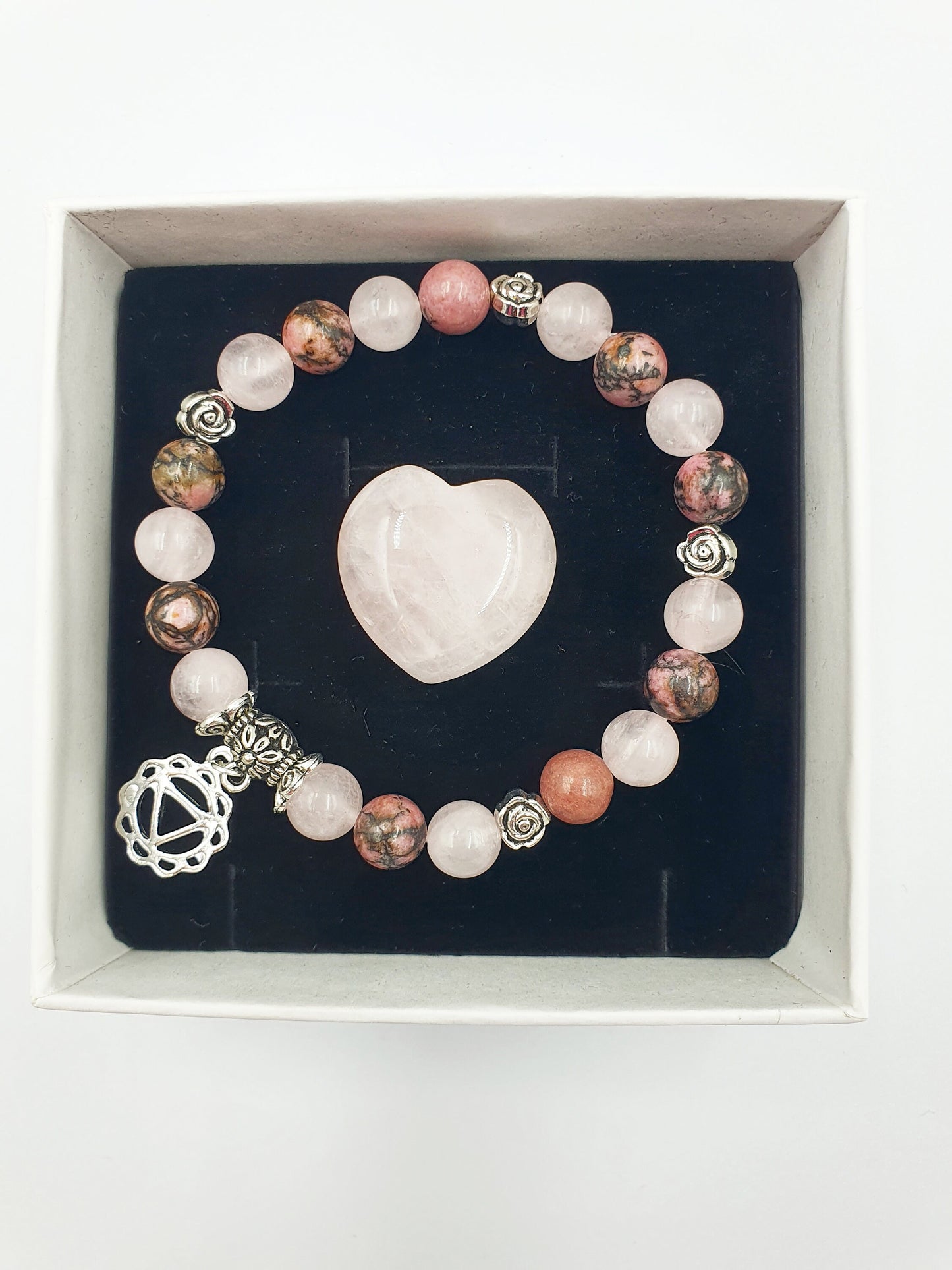Confidence Support Crystal Healing Bracelet with Chakra Charm (Rhodonite and Rose Quartz)