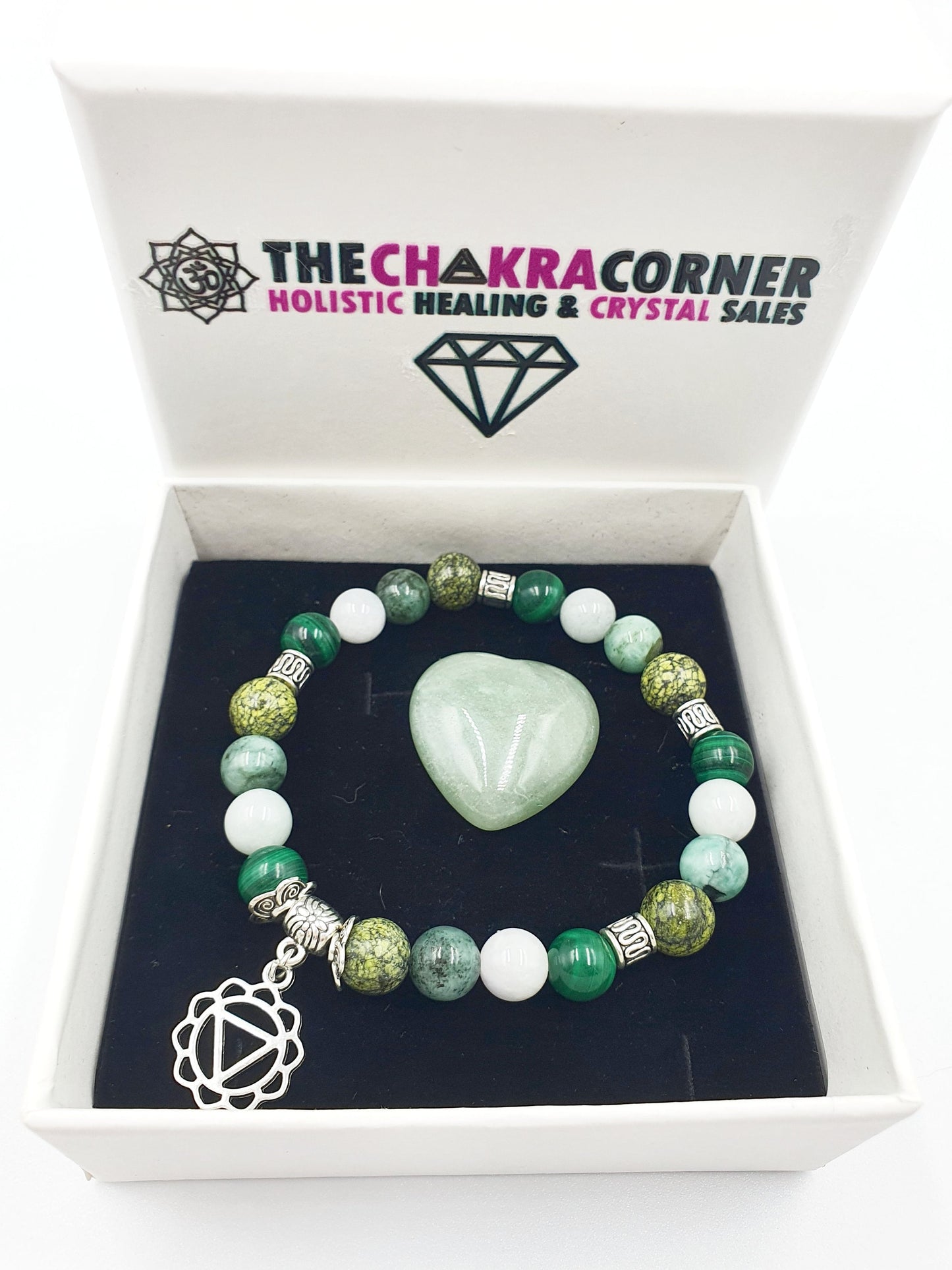 Diabetes Support Crystal Healing Bracelet with Chakra Charm (Emerald, Jade, Malachite and Serpentine)