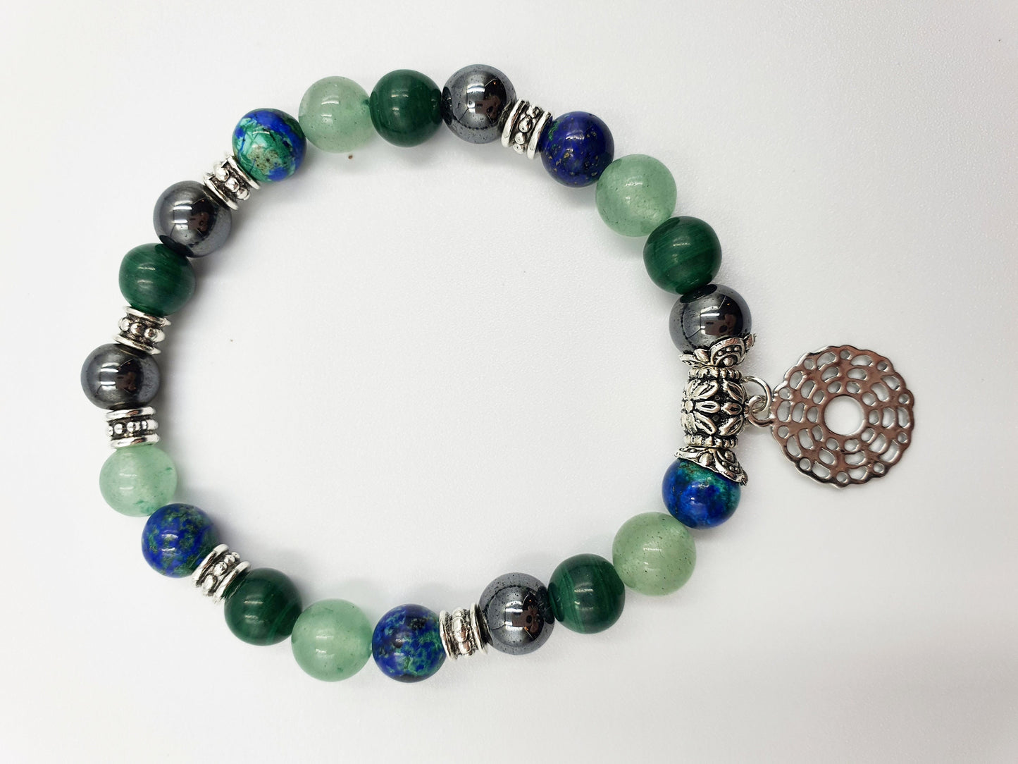 Eczema Relief Support Crystal Healing Bracelet with Chakra Charm (Azurite, Malachite, Hematite and Green Aventurine) - Custom sizes Avail.