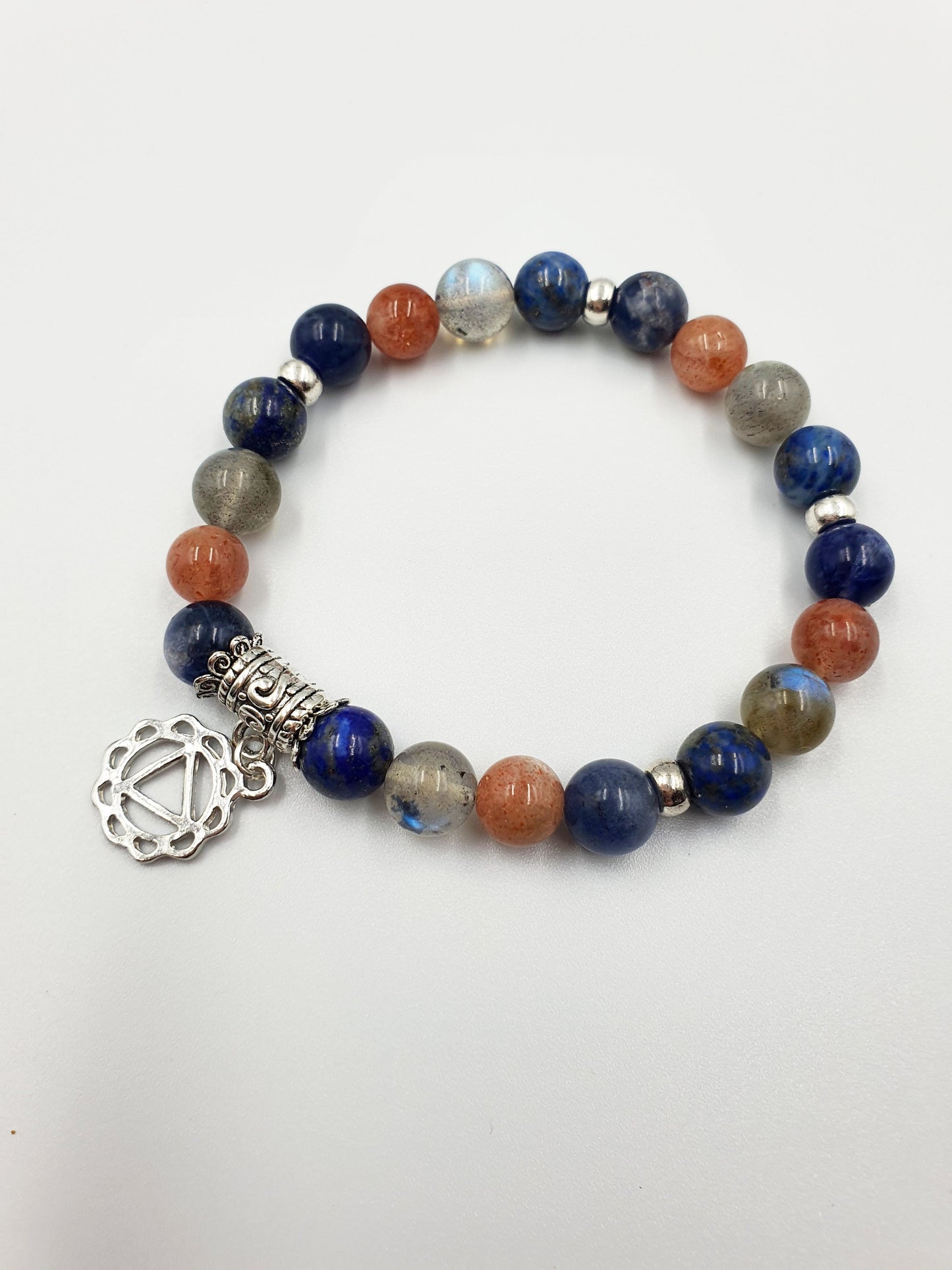 Happiness Booster Support Crystal Healing Bracelet with Chakra Charm (Lapis Lazuli, Sunstone, Sodalite and Labradorite)