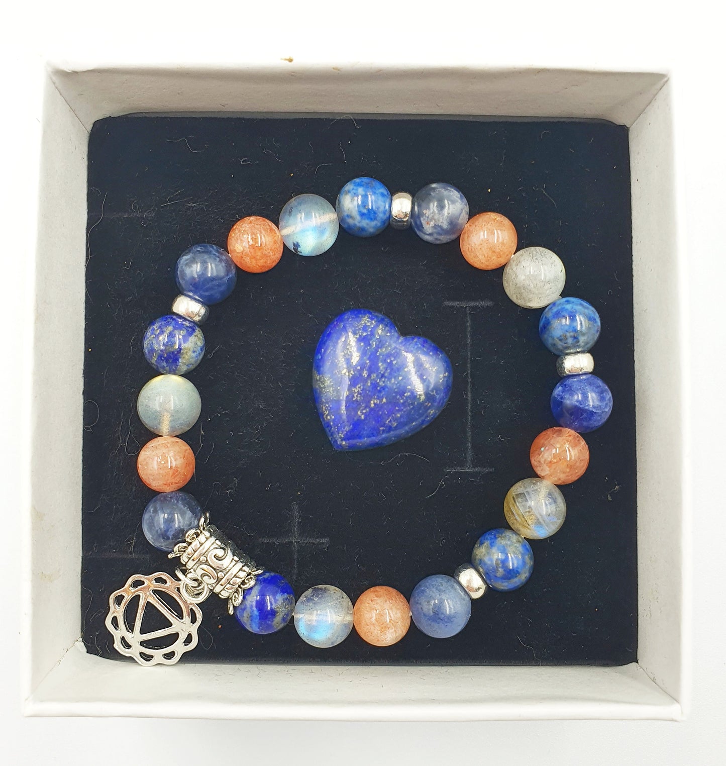 Happiness Booster Support Crystal Healing Bracelet with Chakra Charm (Lapis Lazuli, Sunstone, Sodalite and Labradorite)
