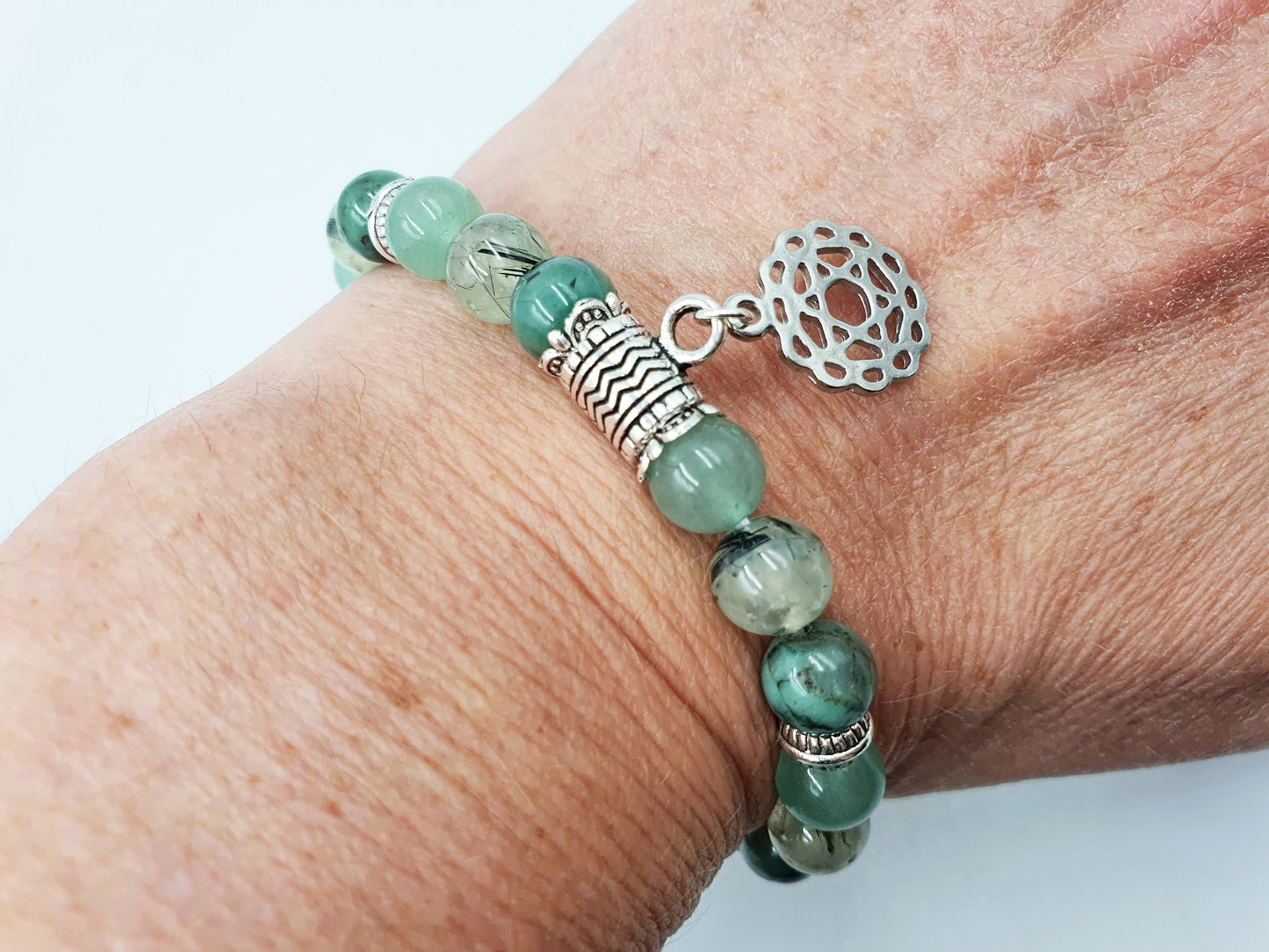 Lung Health Support Crystal Healing Bracelet with Chakra Charm (Emerald, Prehnite and Green Aventurine)