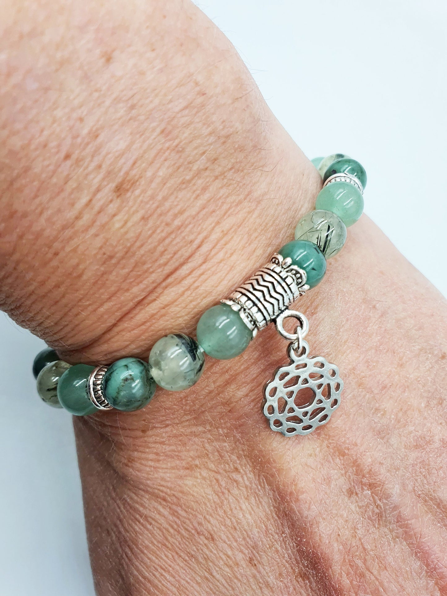 Lung Health Support Crystal Healing Bracelet with Chakra Charm (Emerald, Prehnite and Green Aventurine)