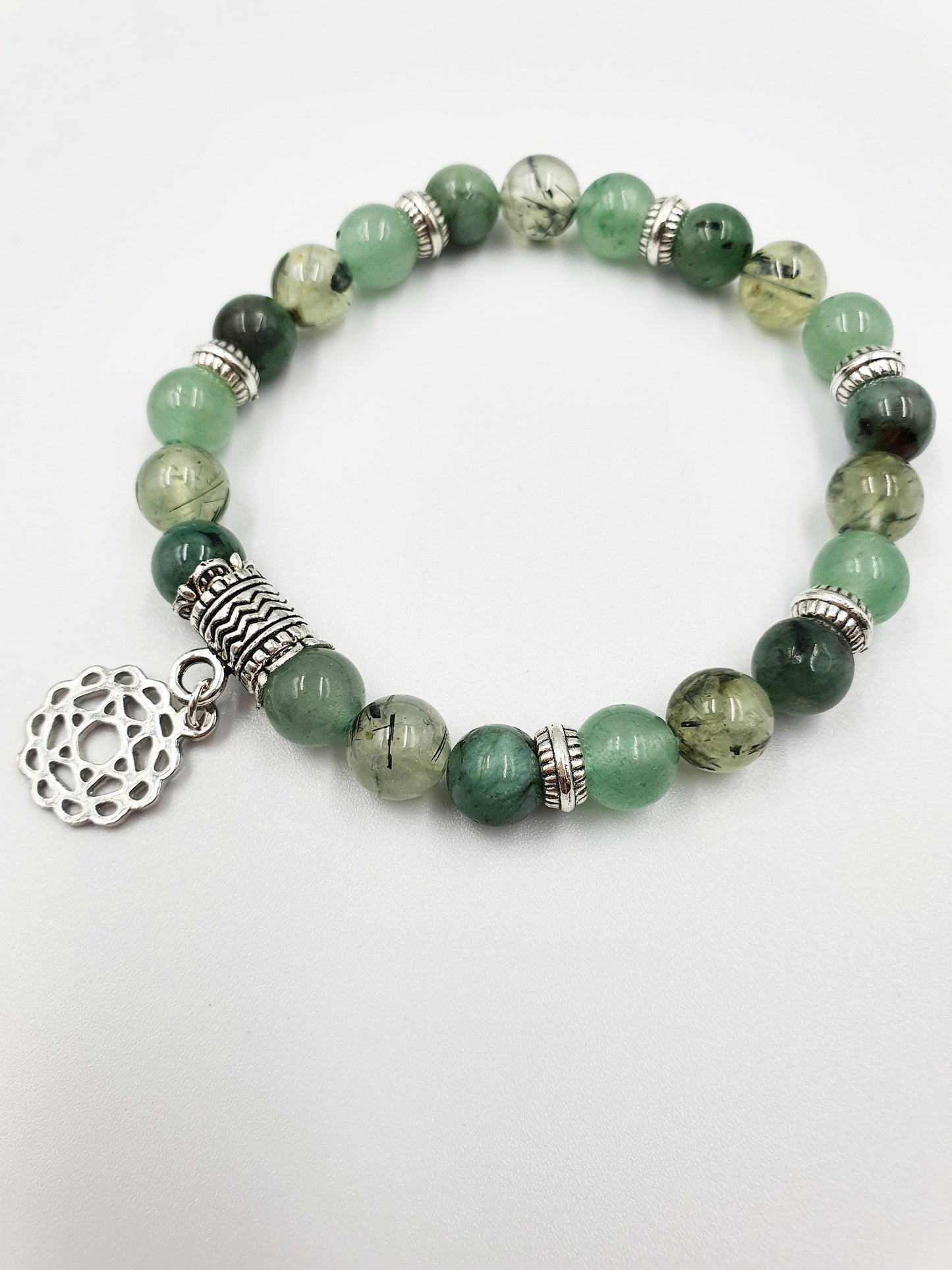 Lung Health Support Crystal Healing Bracelet with Chakra Charm (Emerald, Prehnite and Green Aventurine)