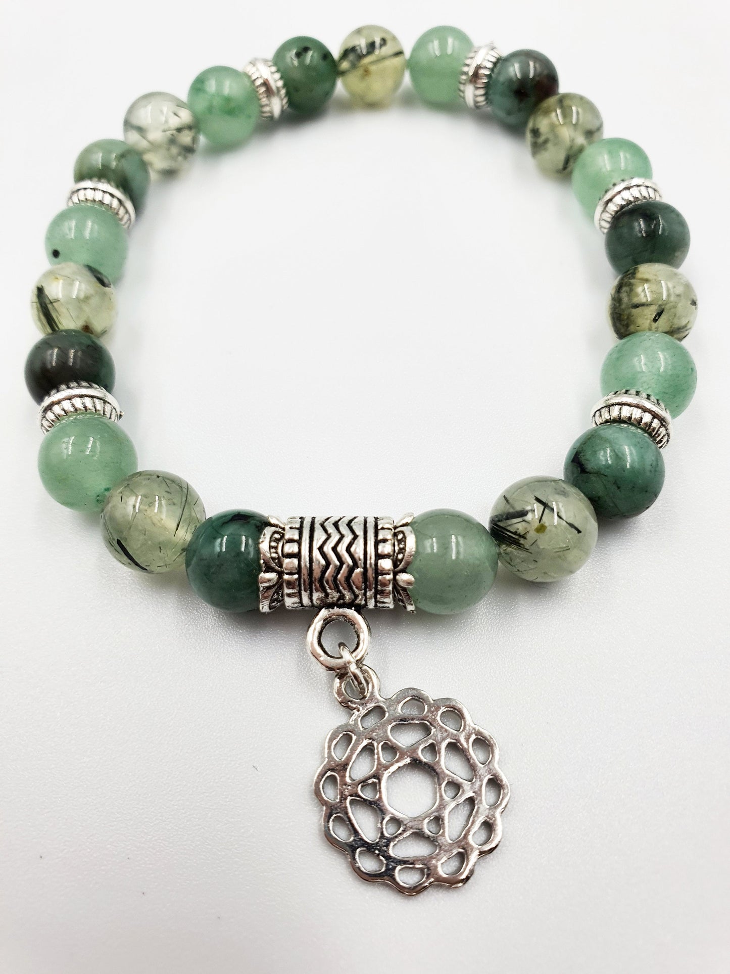 Lung Health Support Crystal Healing Bracelet with Chakra Charm (Emerald, Prehnite and Green Aventurine)