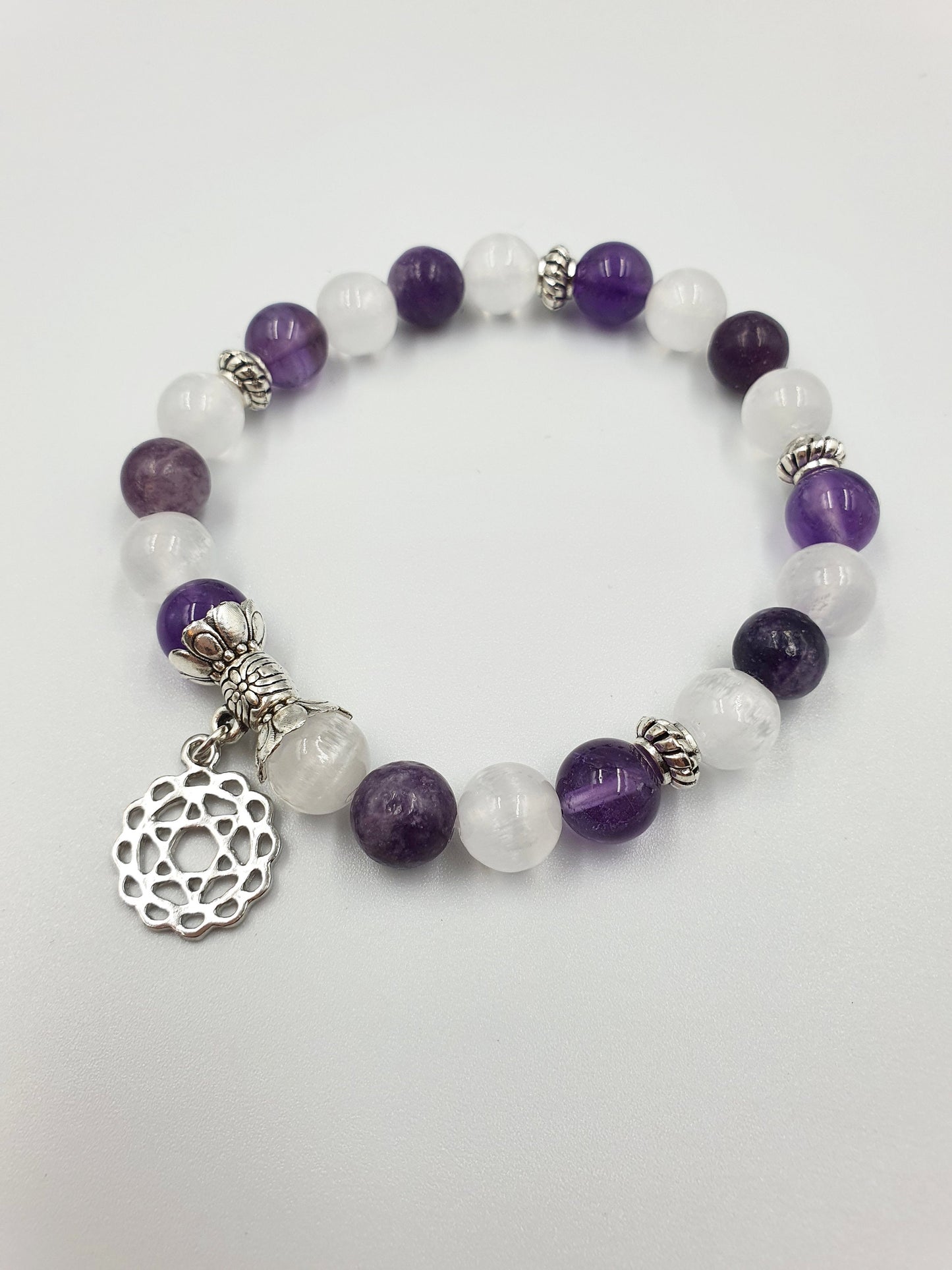 Loss and Grief Support Crystal Healing Bracelet with Chakra Charm (Amethyst, Lepidolite and Selenite)