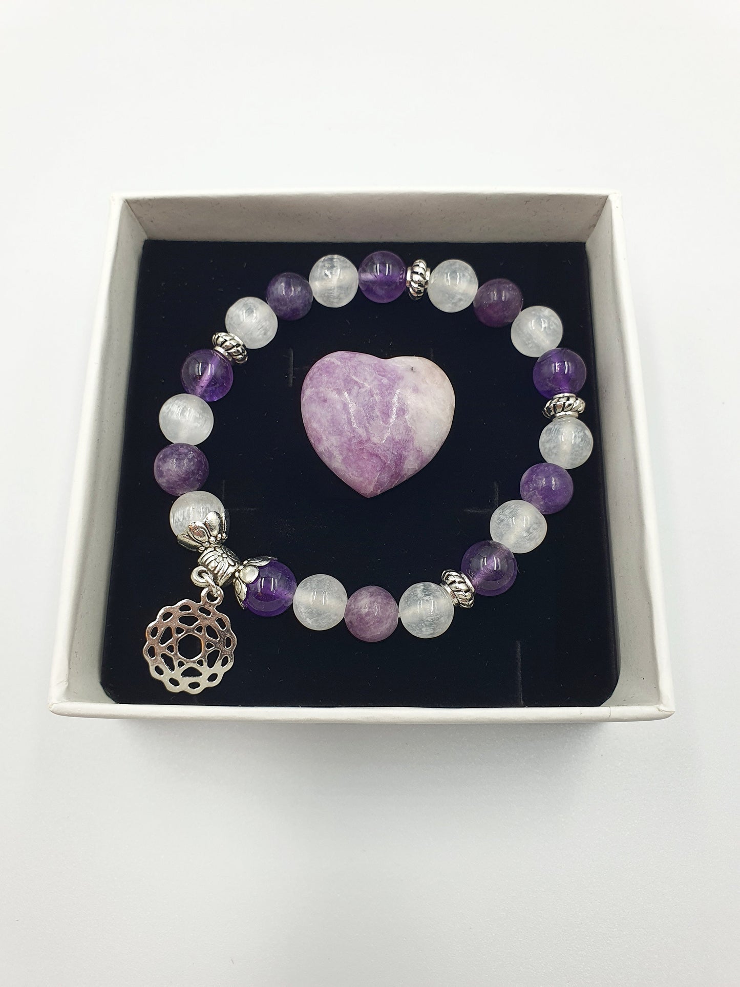 Loss and Grief Support Crystal Healing Bracelet with Chakra Charm (Amethyst, Lepidolite and Selenite)