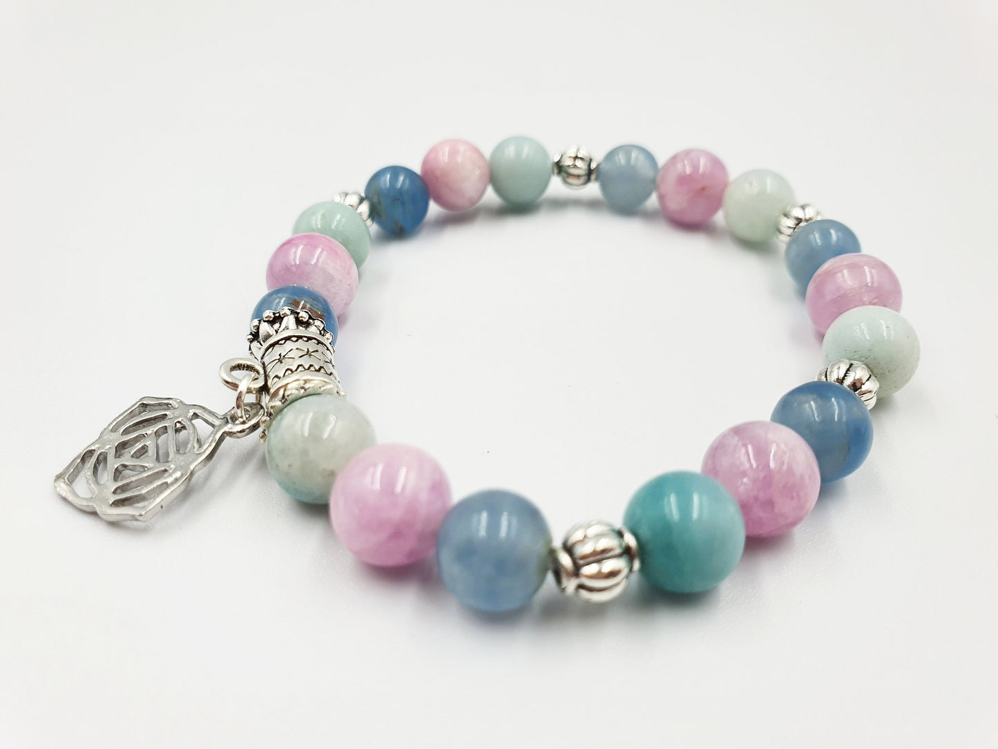 Anxiety Support Crystal Healing Bracelet with Chakra Charm (Calcite, Kunzite and Blue Onyx)