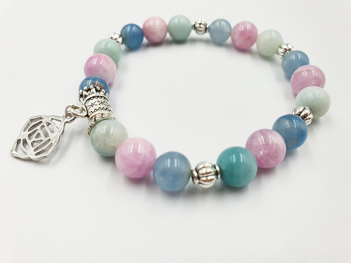 Anxiety Support Crystal Healing Bracelet with Chakra Charm (Calcite, Kunzite and Blue Onyx)