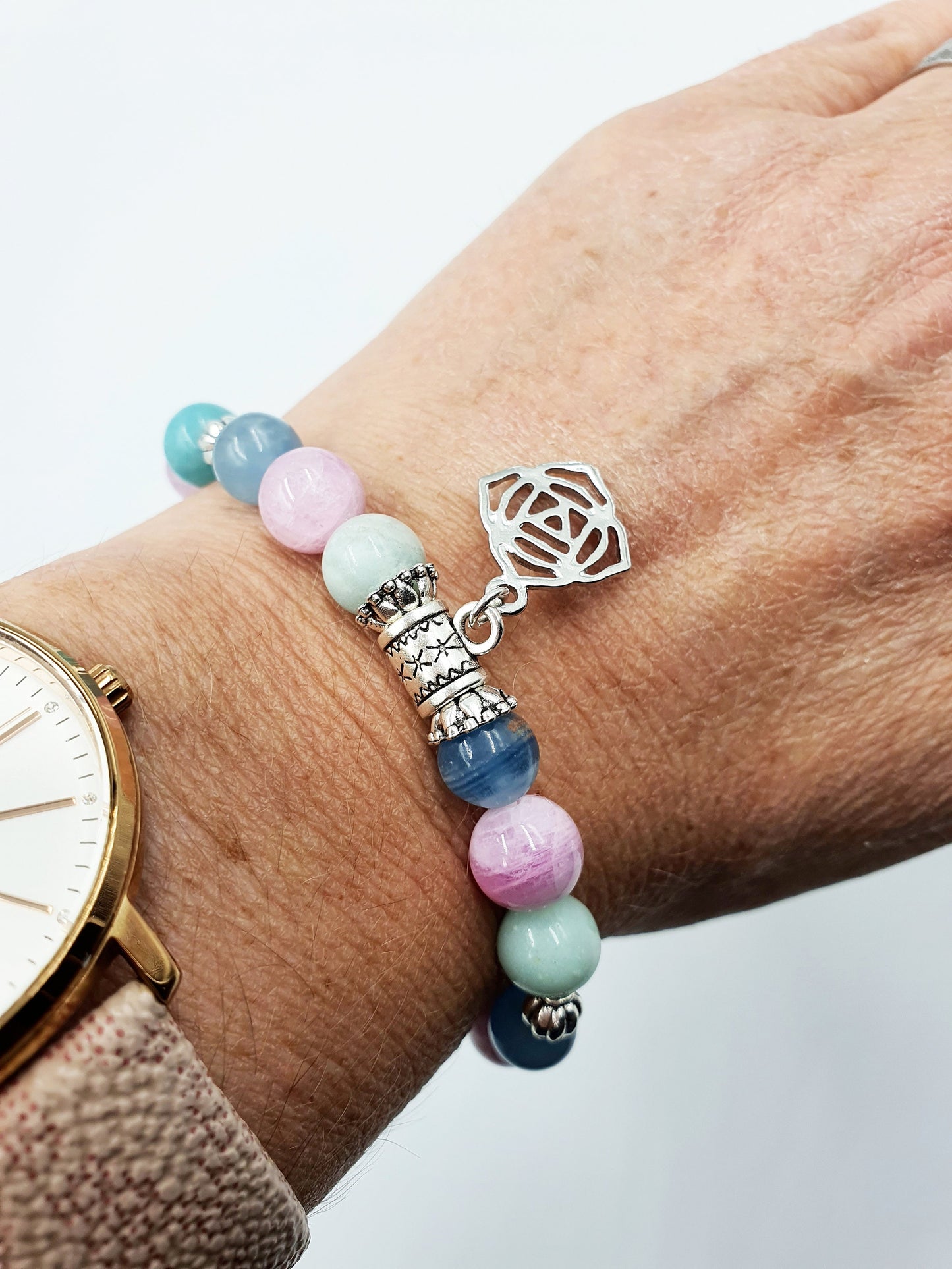 Anxiety Support Crystal Healing Bracelet with Chakra Charm (Calcite, Kunzite and Blue Onyx)