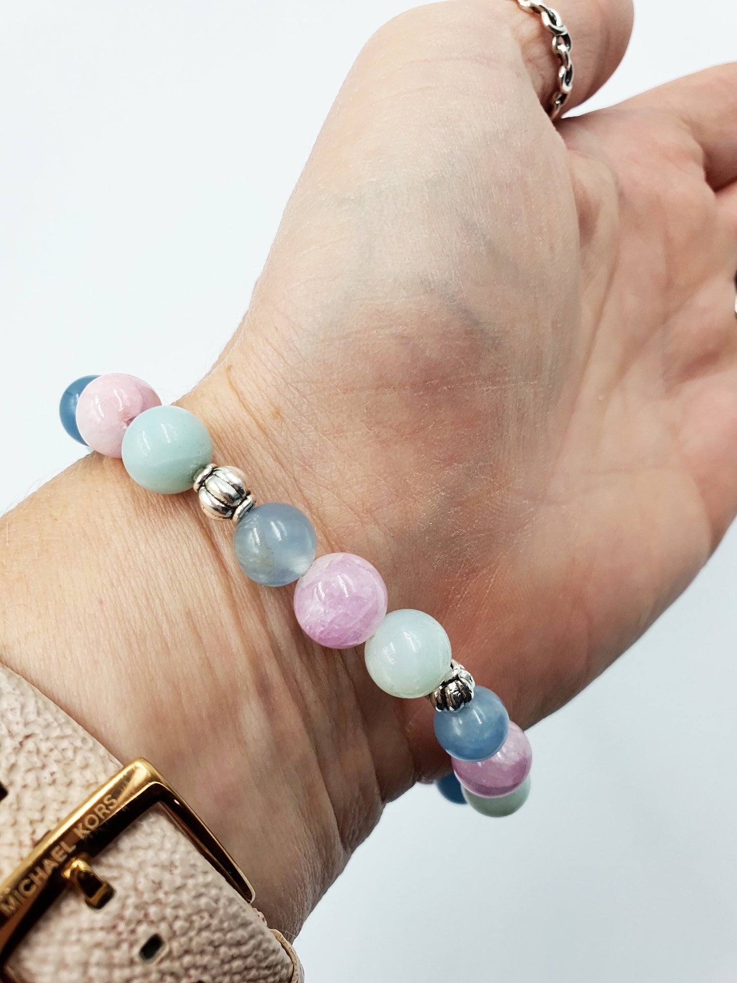 Anxiety Support Crystal Healing Bracelet with Chakra Charm (Calcite, Kunzite and Blue Onyx)