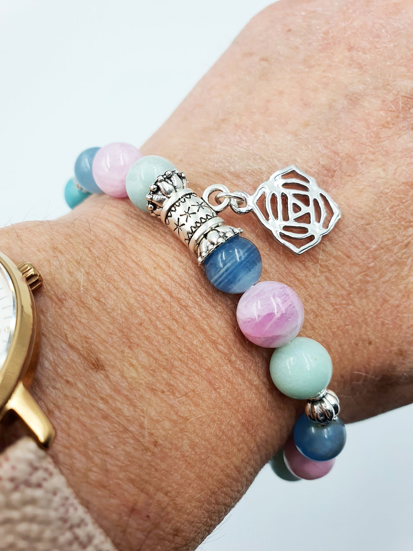 Anxiety Support Crystal Healing Bracelet with Chakra Charm (Calcite, Kunzite and Blue Onyx)
