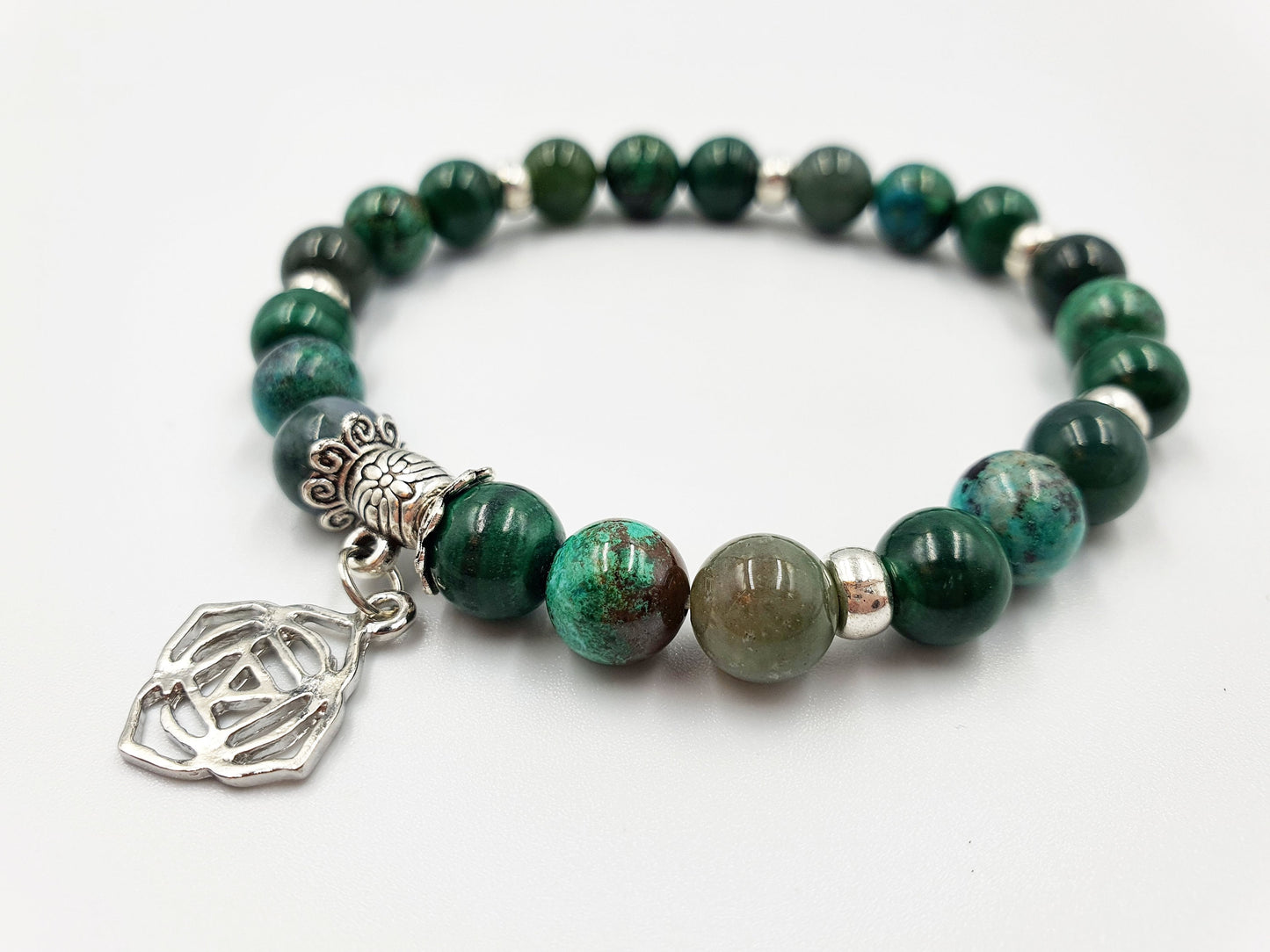 Immune Support Crystal Healing Bracelet with Chakra Charm (Malachite, Moss Agate and Phoenix Turquoise)