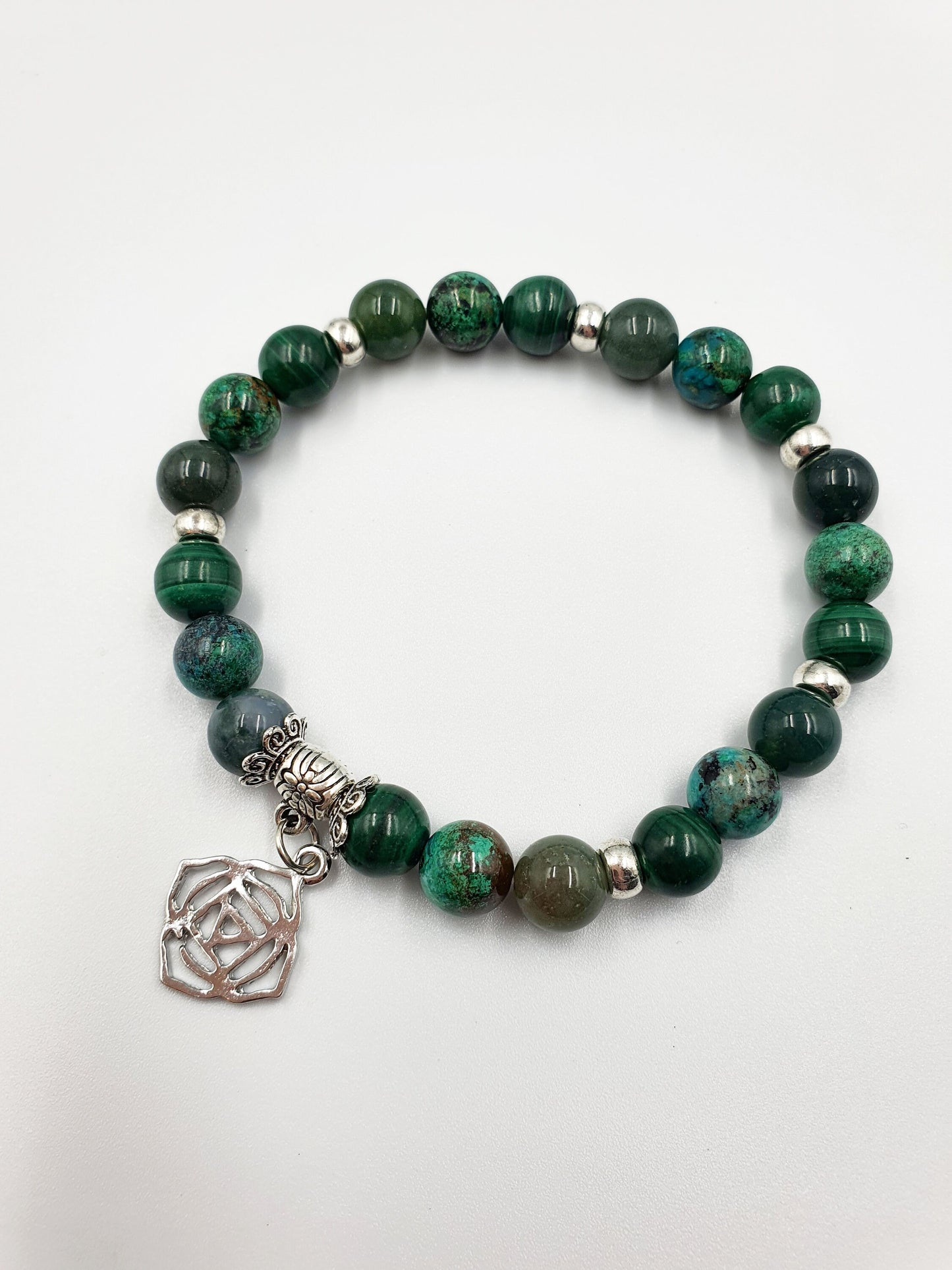 Immune Support Crystal Healing Bracelet with Chakra Charm (Malachite, Moss Agate and Phoenix Turquoise)