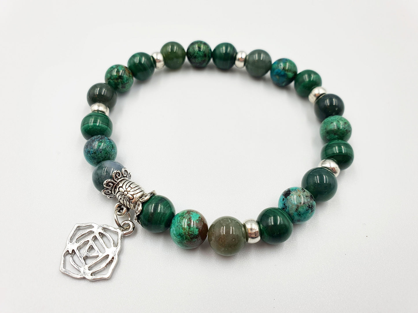 Immune Support Crystal Healing Bracelet with Chakra Charm (Malachite, Moss Agate and Phoenix Turquoise)