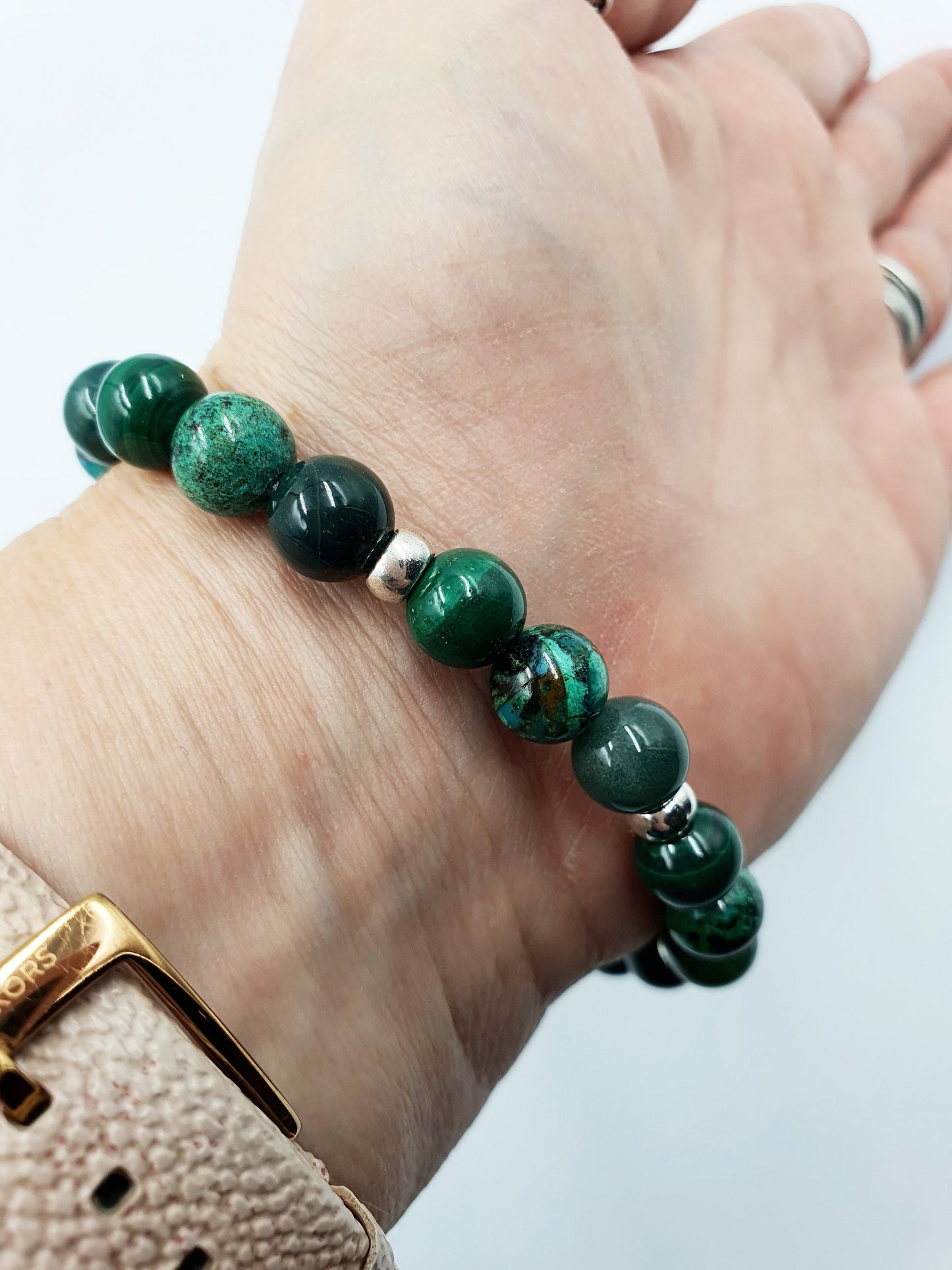 Immune Support Crystal Healing Bracelet with Chakra Charm (Malachite, Moss Agate and Phoenix Turquoise)