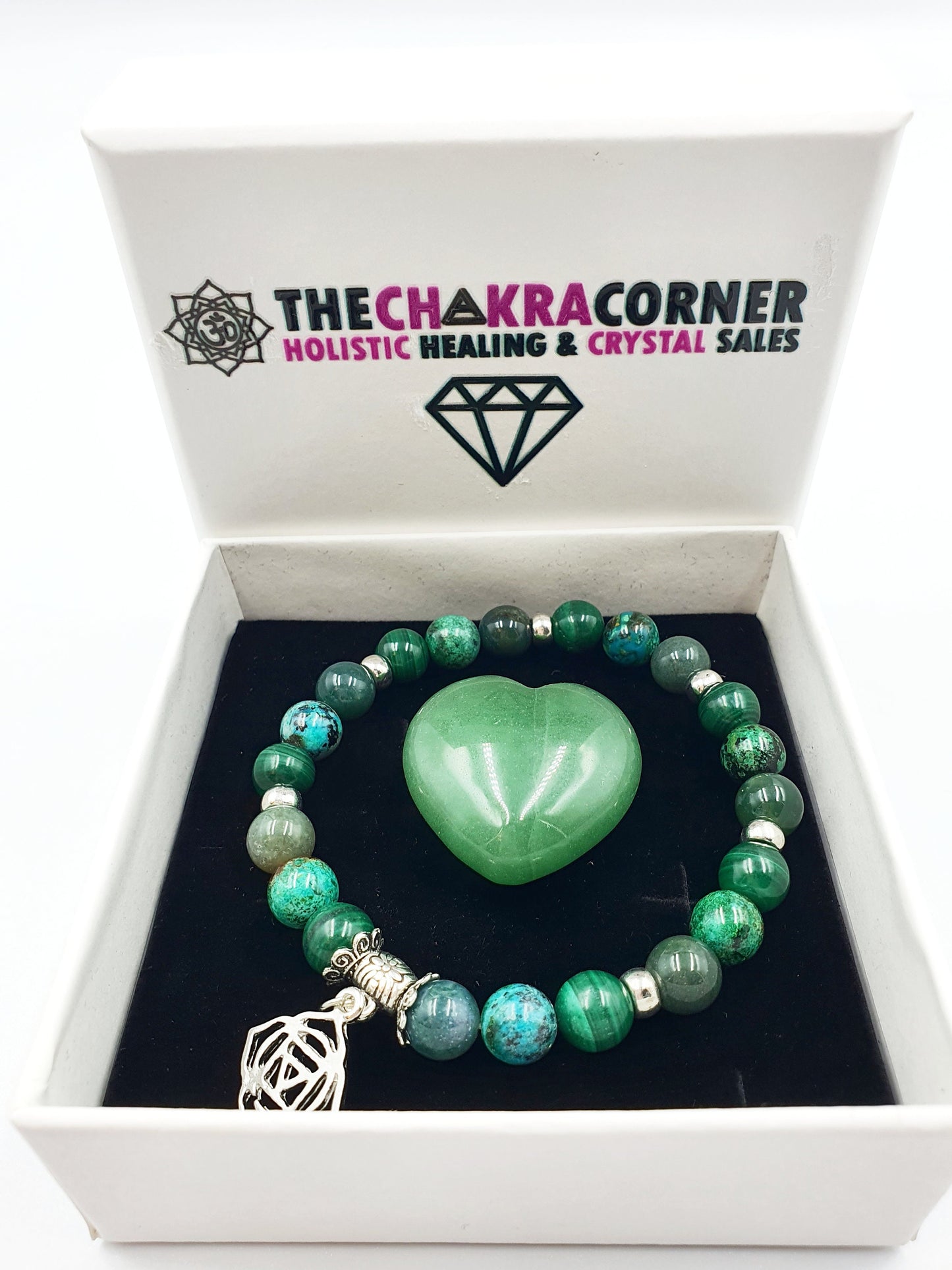Immune Support Crystal Healing Bracelet with Chakra Charm (Malachite, Moss Agate and Phoenix Turquoise)