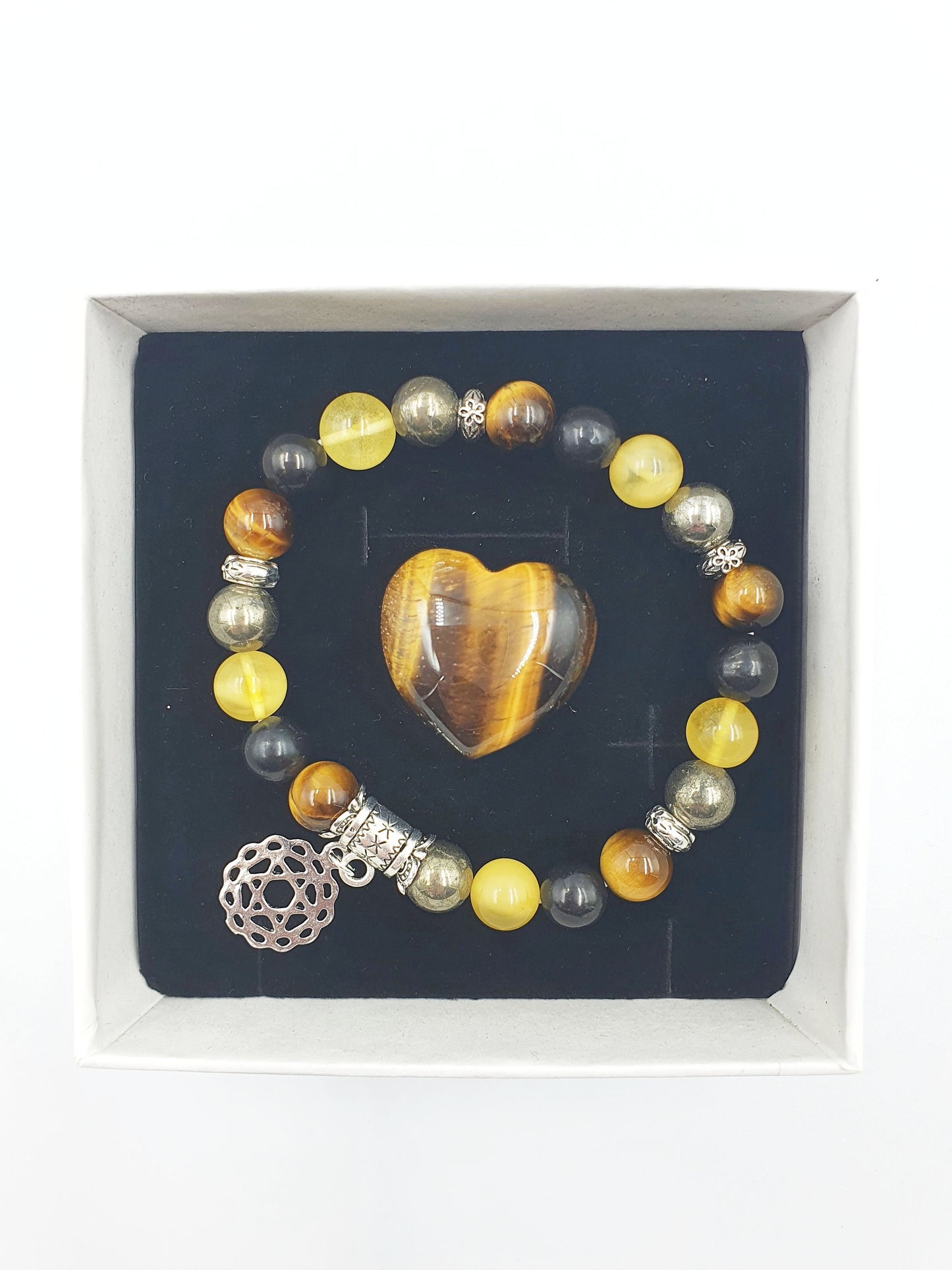 Asthma Crystal Healing Bracelet with Chakra Charm (Amber, pyrite, Tiger's Eye and Shungite)