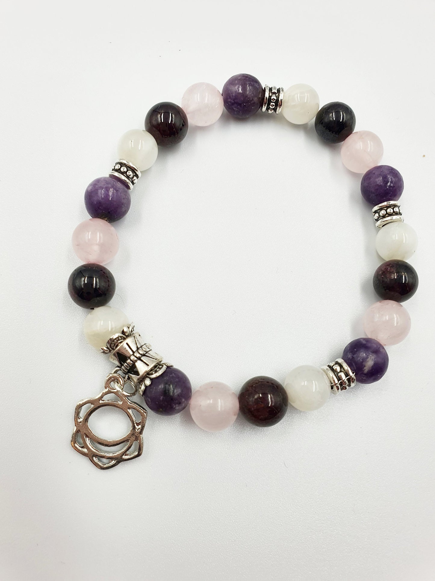 Menopause Support Crystal Healing Bracelet with Chakra Charm (Garnet, Lepidolite, White Moonstone and Rose Quartz)
