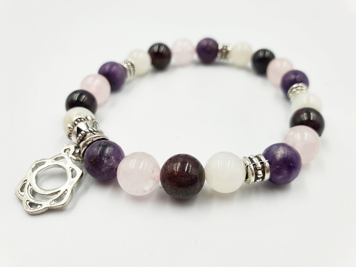 Menopause Support Crystal Healing Bracelet with Chakra Charm (Garnet, Lepidolite, White Moonstone and Rose Quartz)