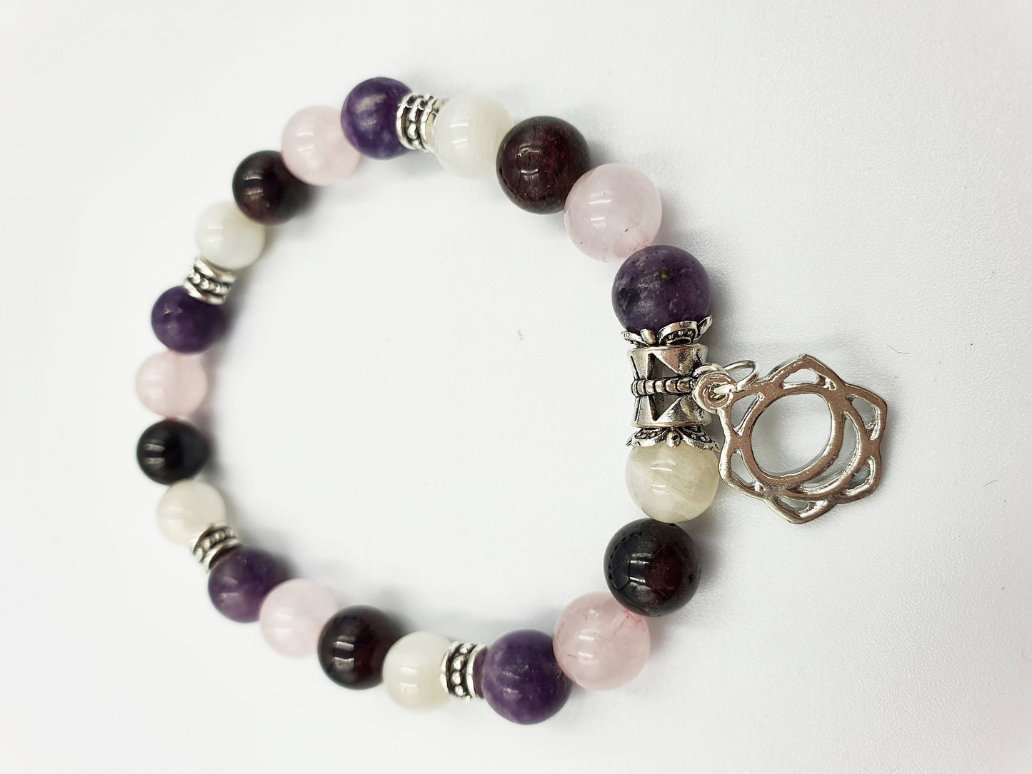 Menopause Support Crystal Healing Bracelet with Chakra Charm (Garnet, Lepidolite, White Moonstone and Rose Quartz)