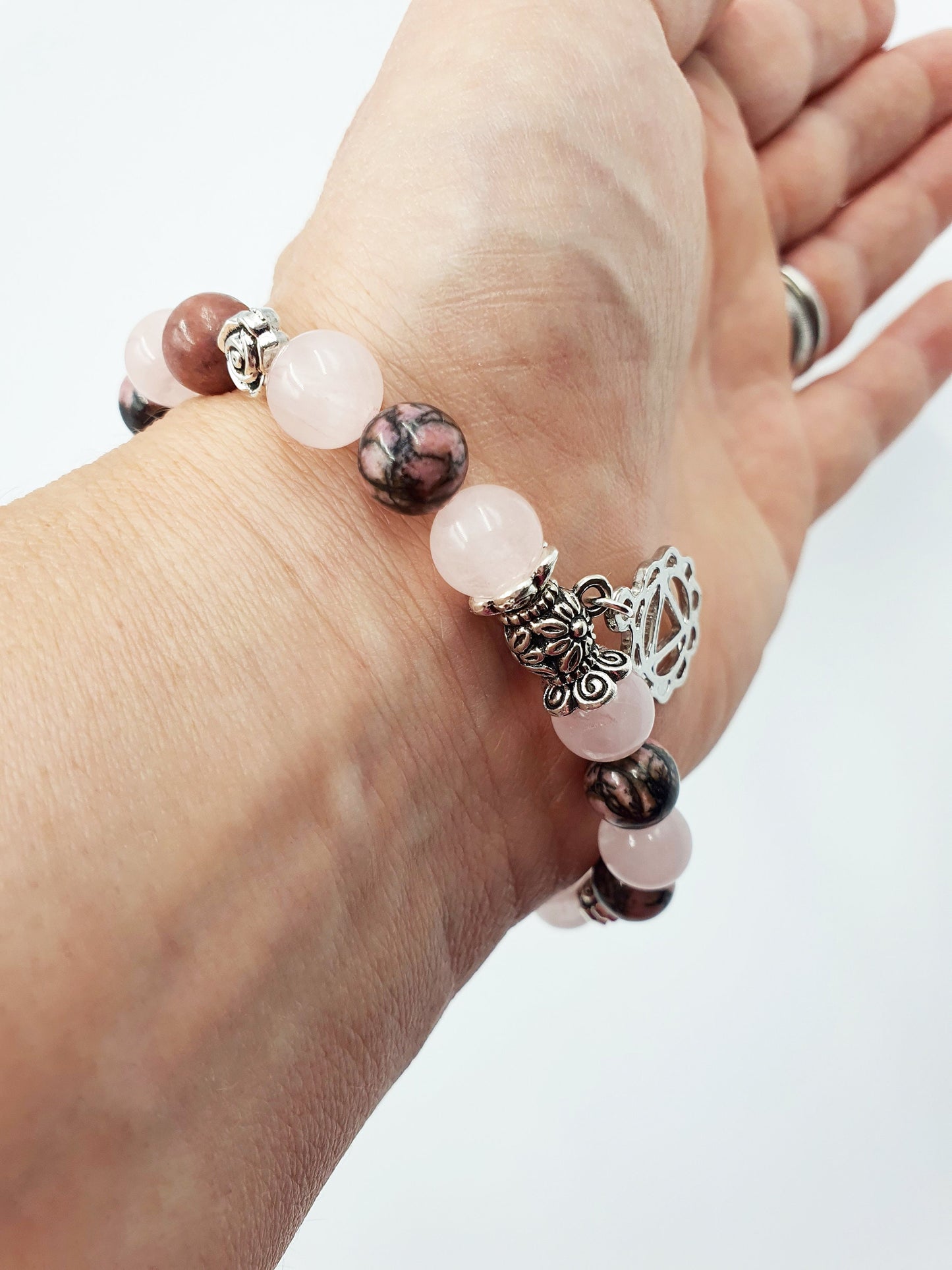 Confidence Support Crystal Healing Bracelet with Chakra Charm (Rhodonite and Rose Quartz)
