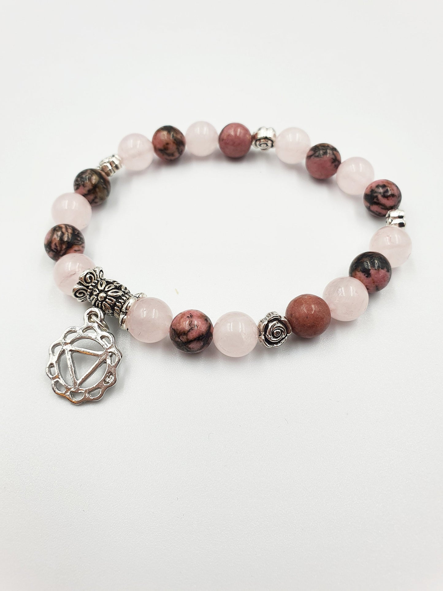 Confidence Support Crystal Healing Bracelet with Chakra Charm (Rhodonite and Rose Quartz)
