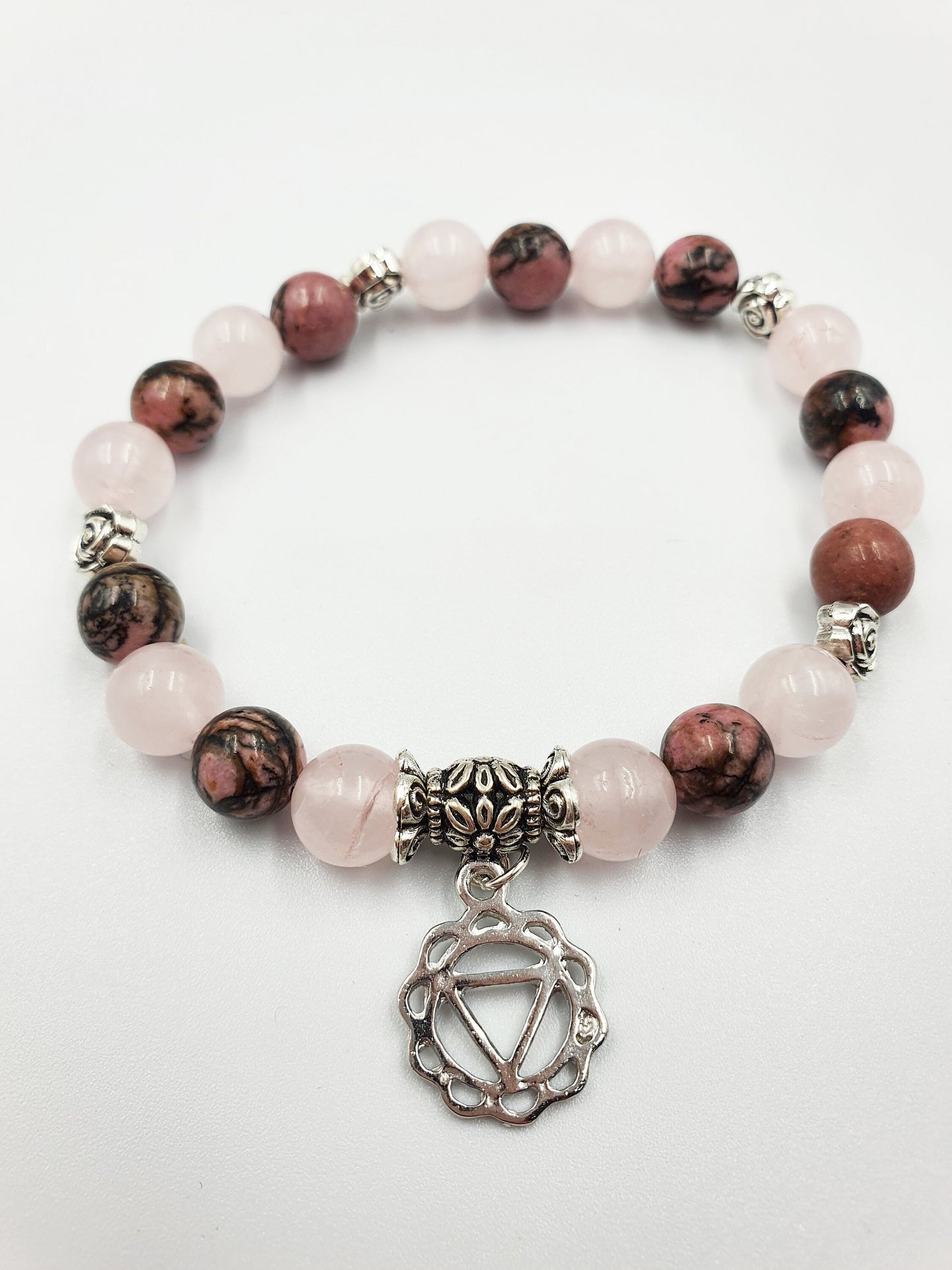 Confidence Support Crystal Healing Bracelet with Chakra Charm (Rhodonite and Rose Quartz)