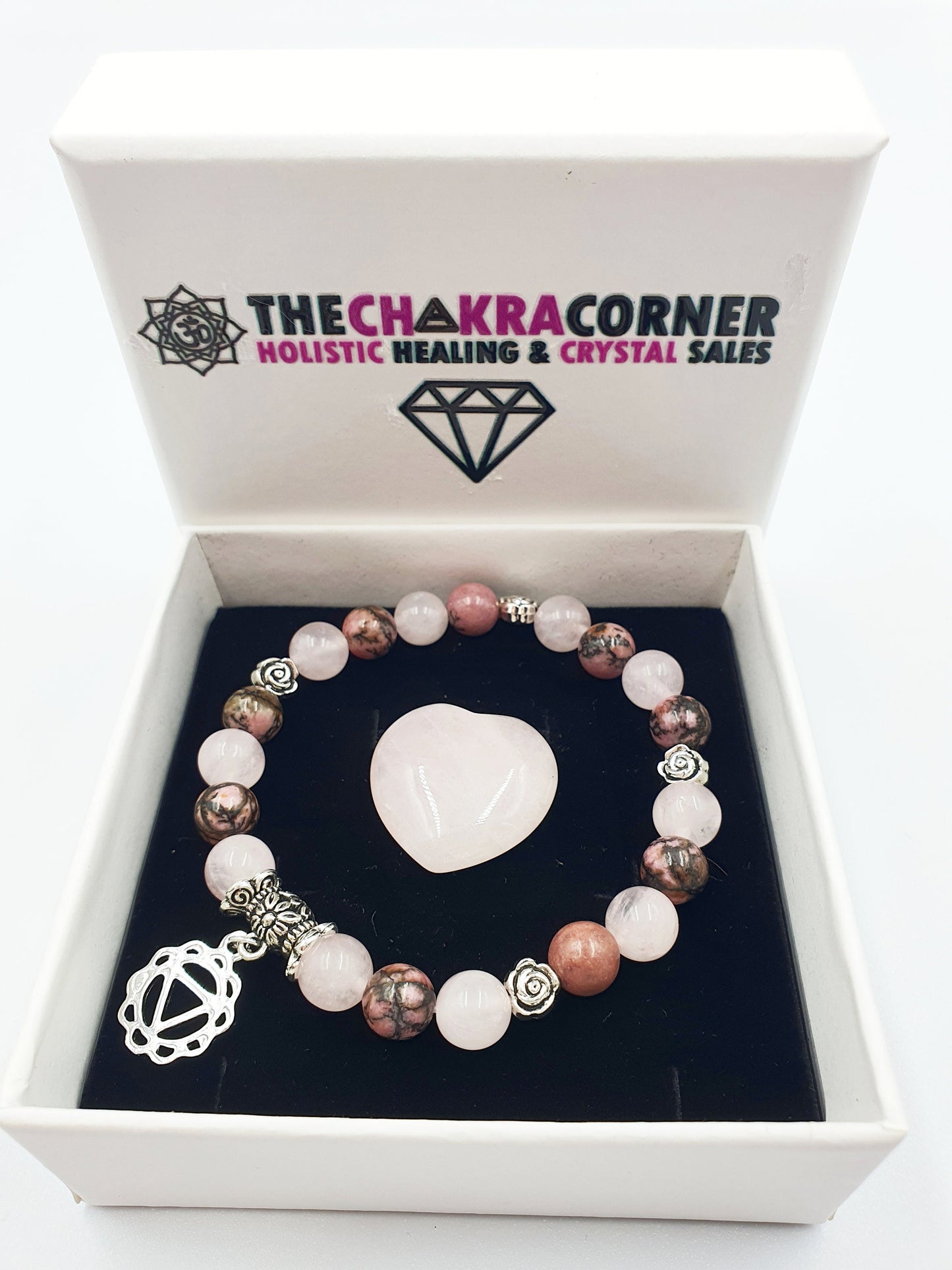 Confidence Support Crystal Healing Bracelet with Chakra Charm (Rhodonite and Rose Quartz)