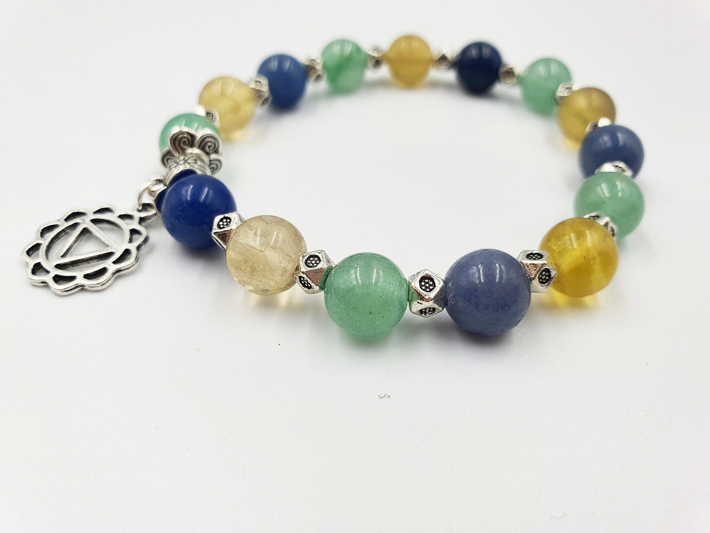High Cholesterol Support Crystal Healing Bracelet with Chakra Charm (Blue Aventurine, Yellow Fluorite and Green Aventurine)
