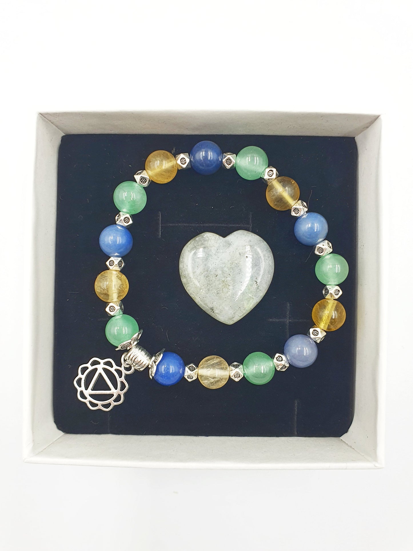 High Cholesterol Support Crystal Healing Bracelet with Chakra Charm (Blue Aventurine, Yellow Fluorite and Green Aventurine)