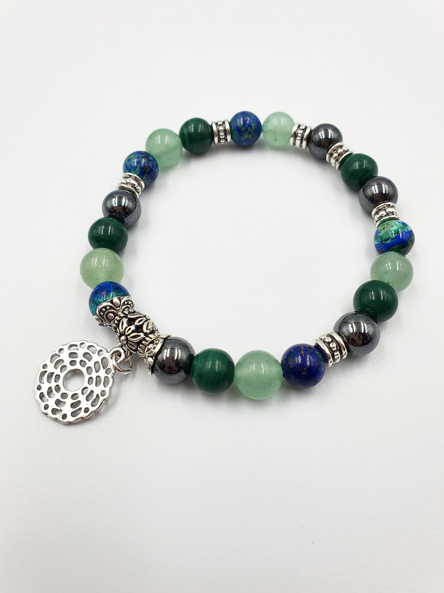 Eczema Relief Support Crystal Healing Bracelet with Chakra Charm (Azurite, Malachite, Hematite and Green Aventurine) - Custom sizes Avail.