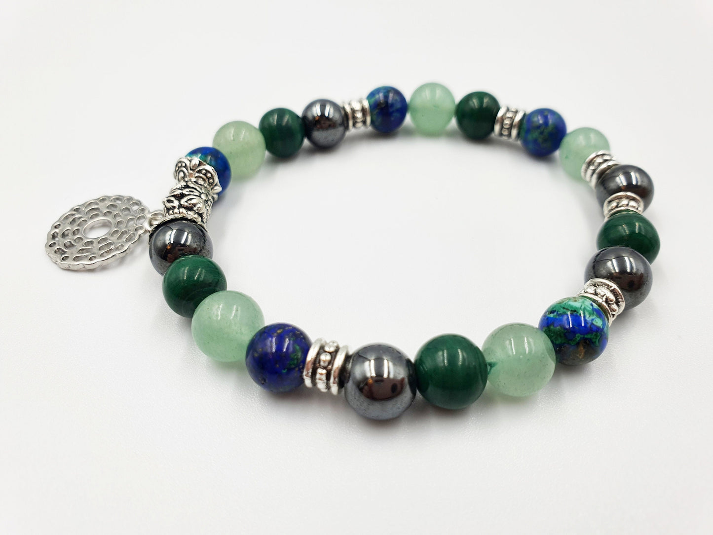Eczema Relief Support Crystal Healing Bracelet with Chakra Charm (Azurite, Malachite, Hematite and Green Aventurine) - Custom sizes Avail.